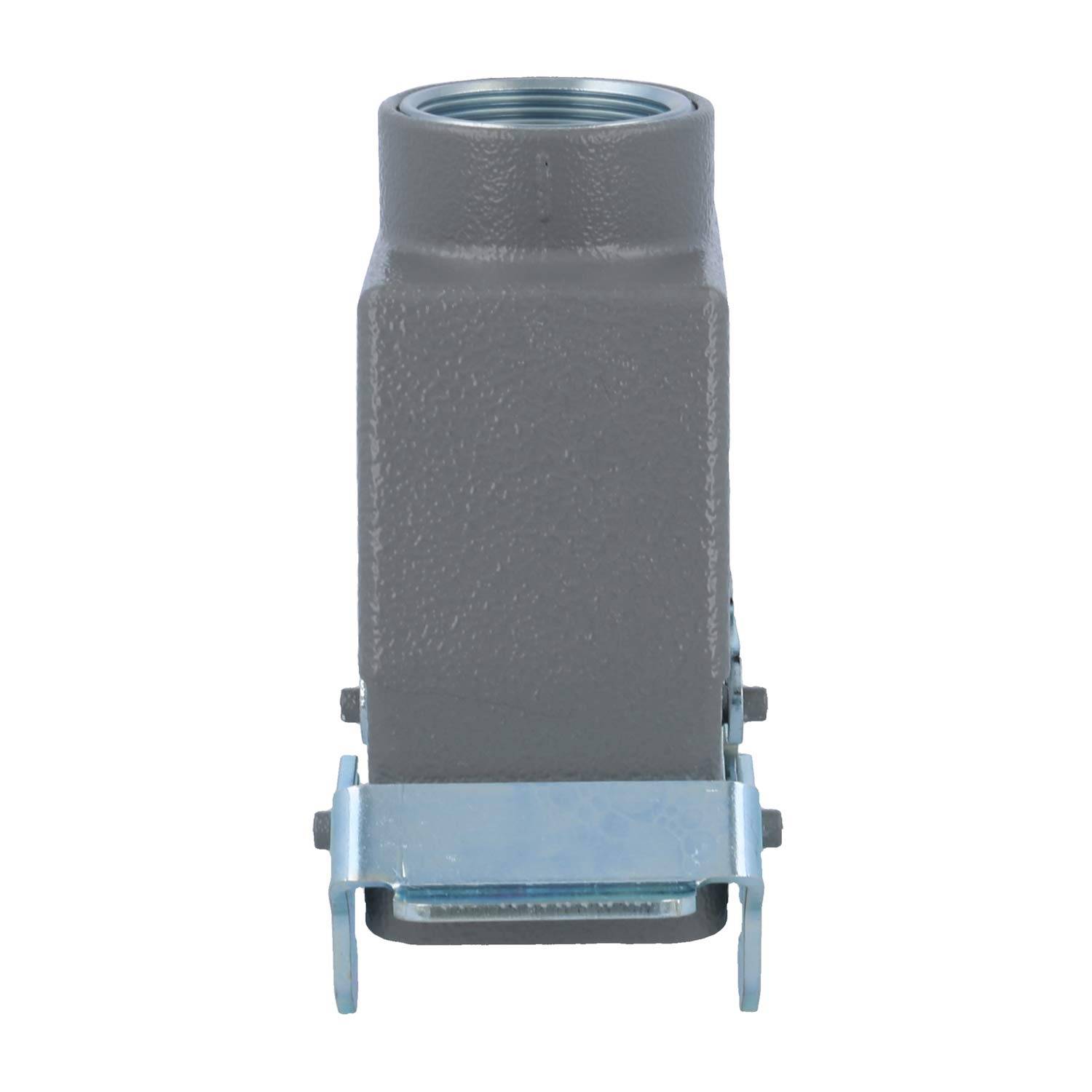 Ein grau-industrielles Verbindungsgehäuse mit rechteckiger Form und sicheren Metallklammern an den Seiten.