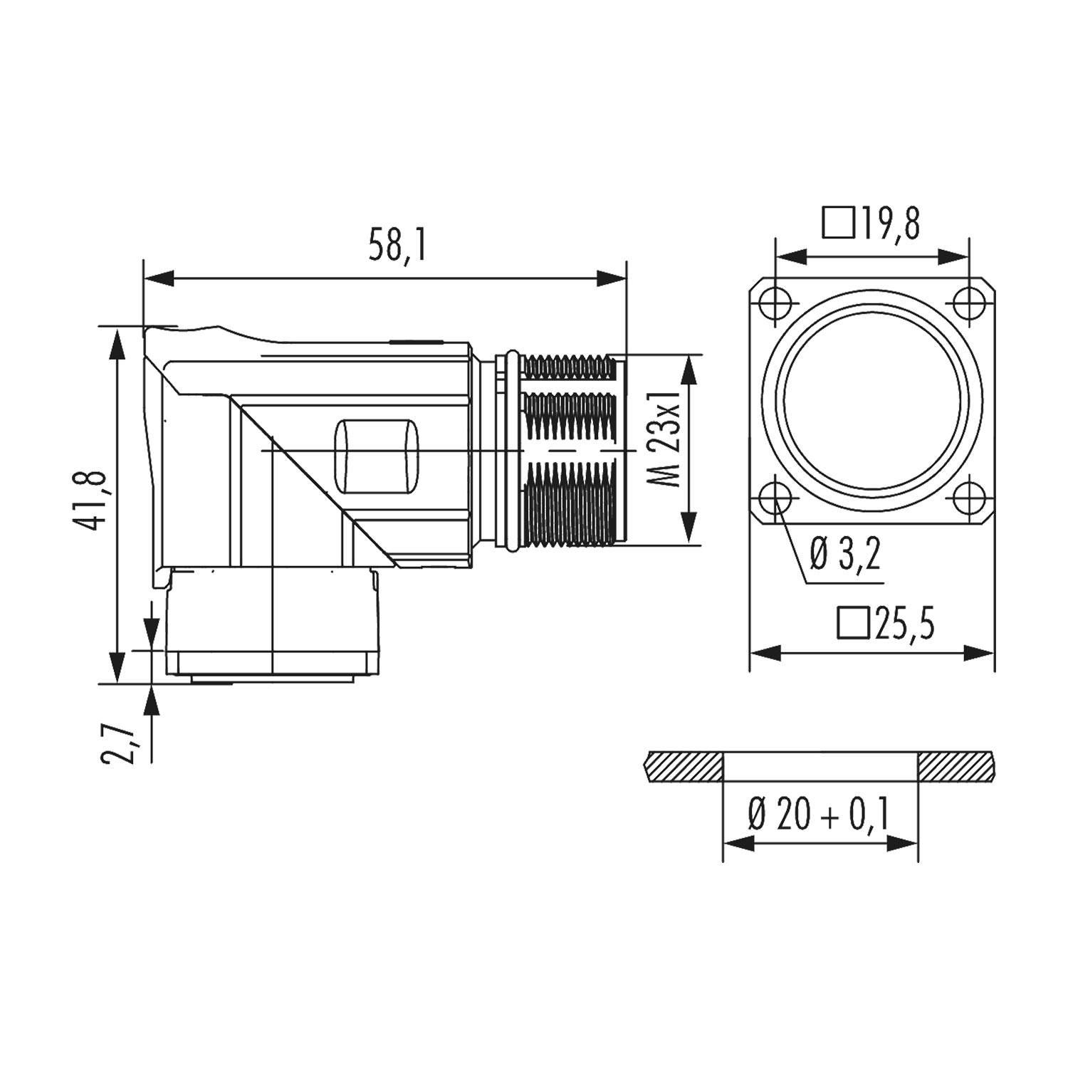 Technische Zeichnung eines Verbindungsstücks mit Seiten- und Frontansicht, mit Maßangaben: 58,1 mm Länge, 41,8 mm Höhe, 20,7 mm Durchmesser.