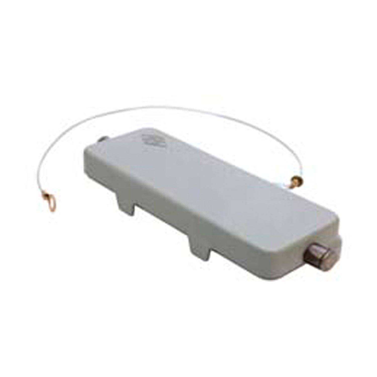 Eine rechteckige, elfenbeinfarbene elektrische Komponente mit einer Drahtschlaufe, die an einem Ende befestigt ist, und einem zylindrischen Anschluss am anderen Ende.