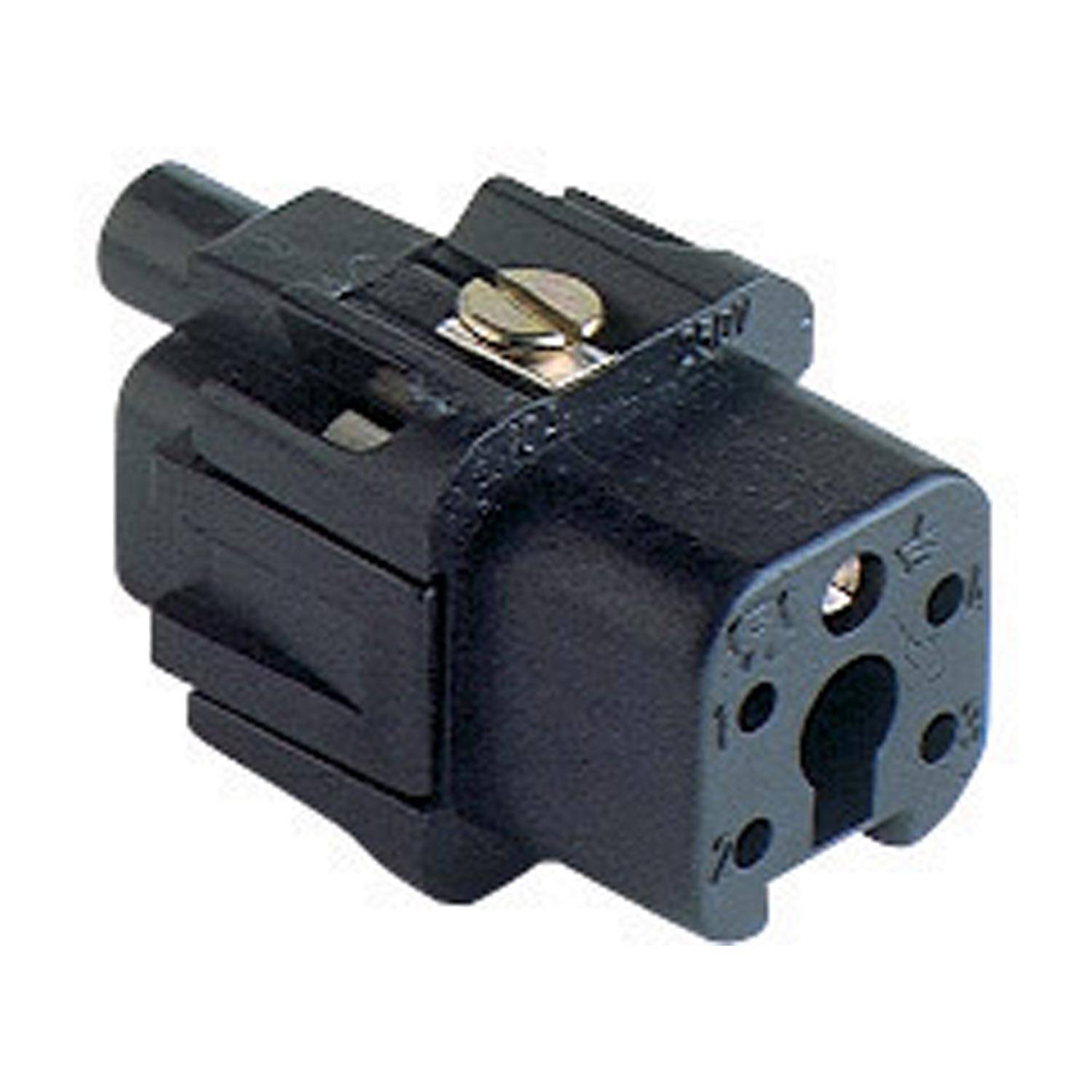 Ein schwarzer elektrischer Netzstecker-Adapter mit drei Anschlüssen, der zur Umwandlung von Steckertypen verwendet wird.