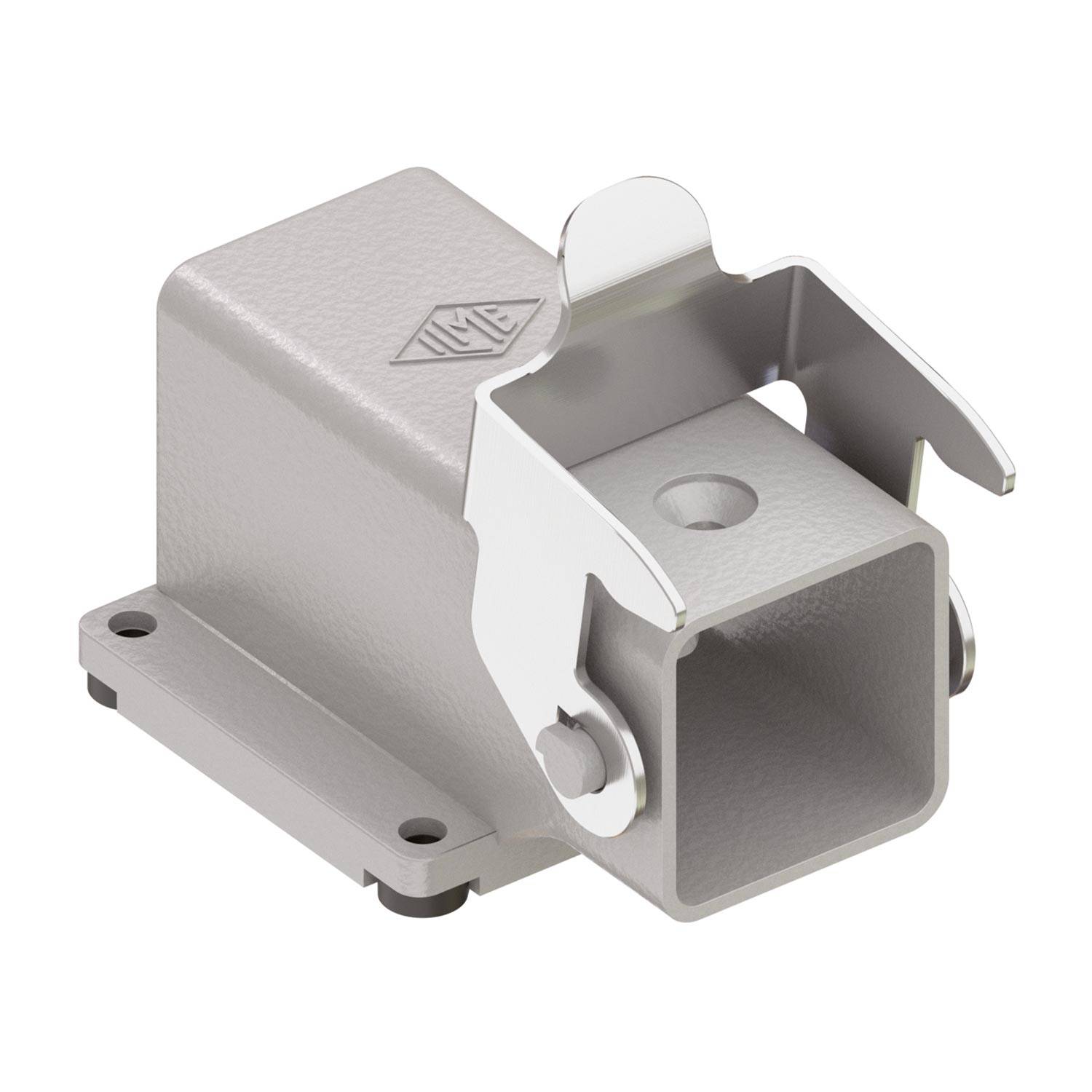 Eine Metallhalterung mit zwei Befestigungslöchern, versehen mit einem rechteckigen Hohlprofil und schrägen Stützlaschen an beiden Seiten.