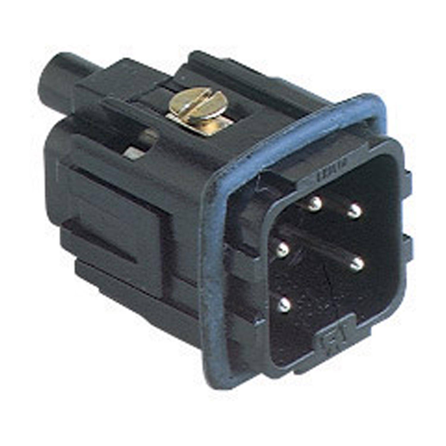 Ein sechspoliger männlicher Elektrostecker mit einem schwarzen rechteckigen Gehäuse und einem blauen Gummidichtungsring, der eine Befestigungsschraube aufweist.