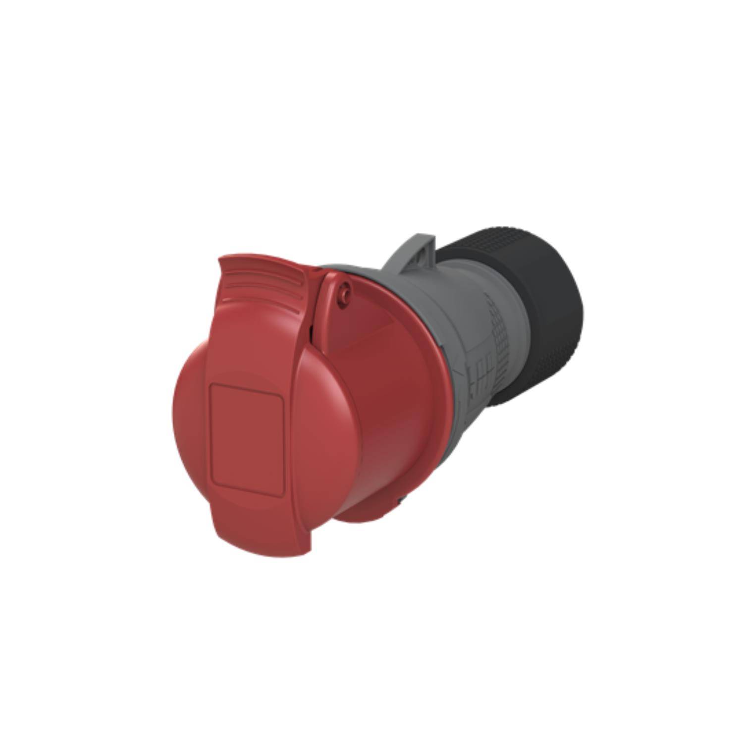 Ein roter industrieller Stecker mit grauer Basis, entwickelt für sichere elektrische Verbindungen in rauen Umgebungen.