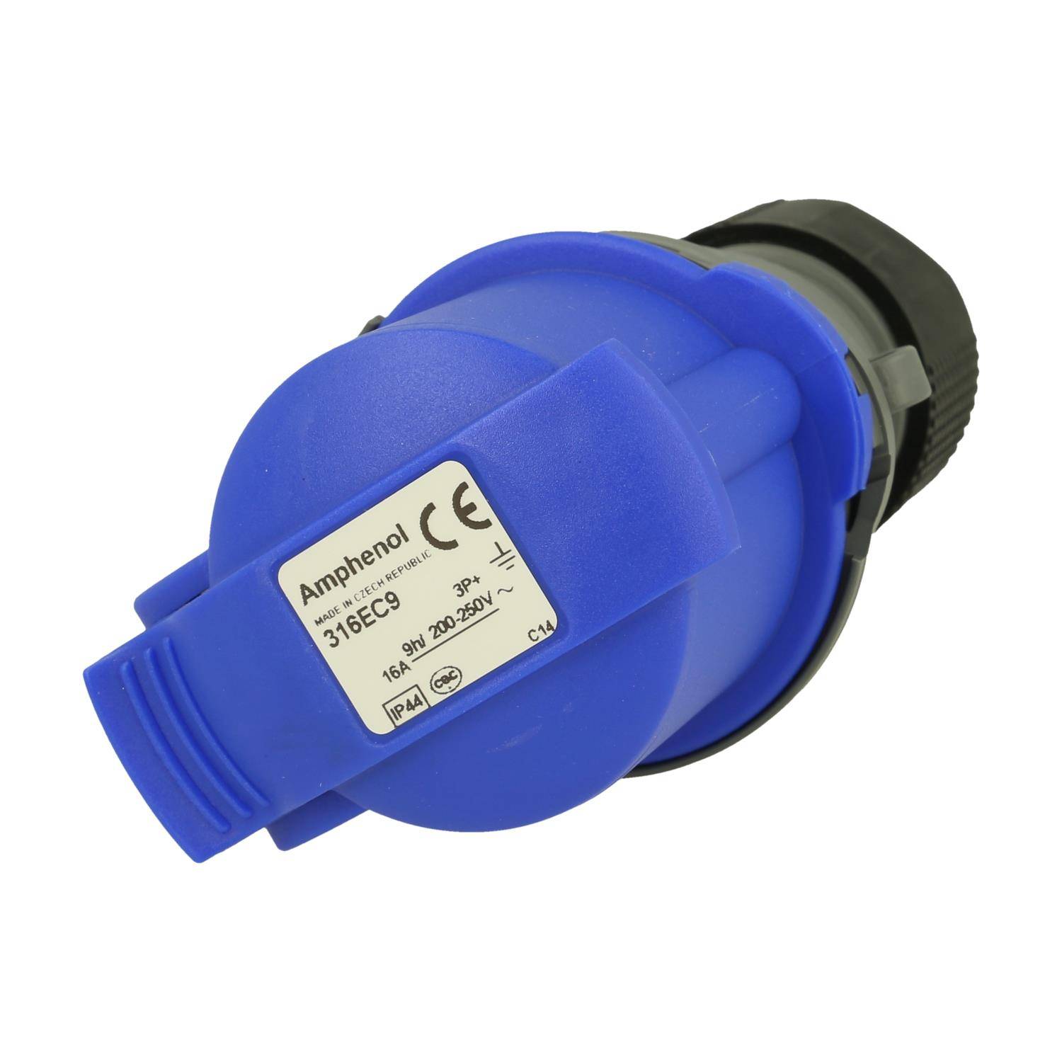 Ein blauer industrieller Amphenol-Steckverbinder, Typenbezeichnung 316EC9, mit einer Nennstromstärke von 16A, Betriebsart 9h, Spannungsbereich 200-250V, Schutzart IP44, versehen mit CE-Konformitätszeichen.