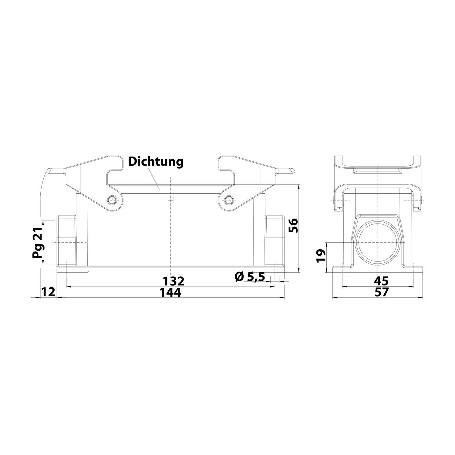 Technische Zeichnung einer mechanischen Komponente mit Maßen in Millimetern. Breite: 144, Tiefe: 57, Höhe: 56. Bezeichnung: Dichtung.