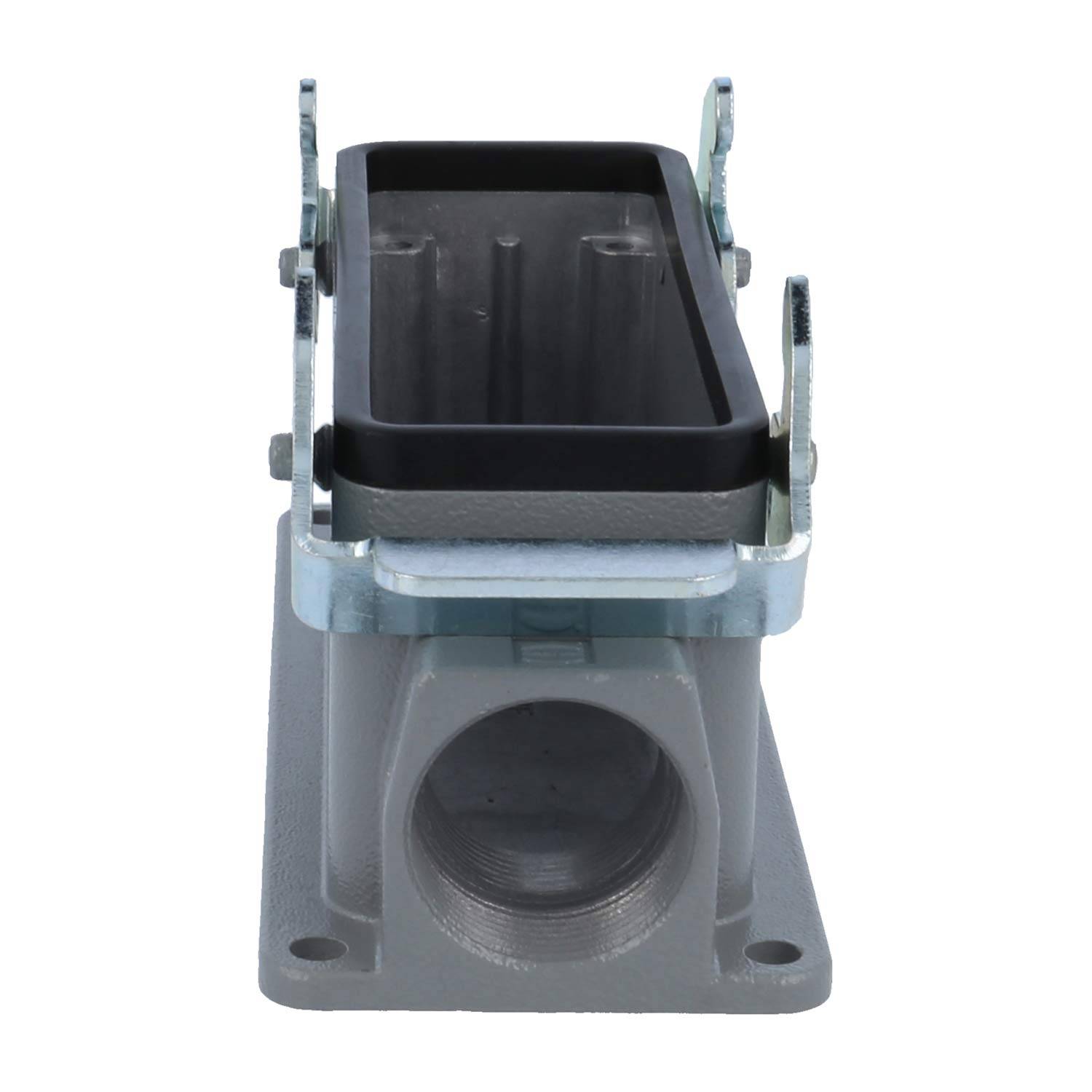 Graues industrielles rechteckiges Anschlussgehäuse mit Metallfalle und kreisförmiger Basis.