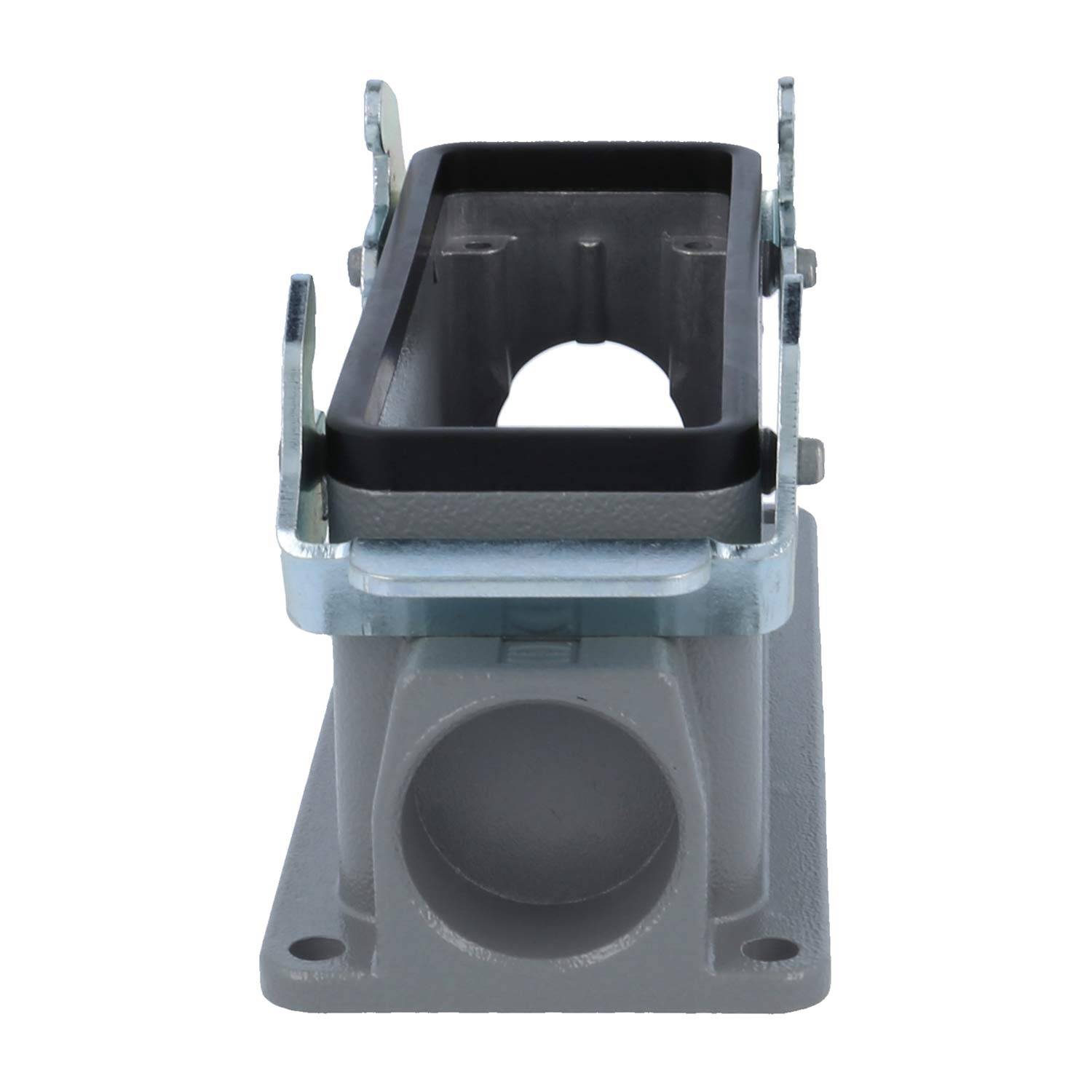 Metallhalterung mit rechteckigen und kreisförmigen Öffnungen, verwendet für Montage oder Unterstützung. Verfügt über verstellbare Klammern.