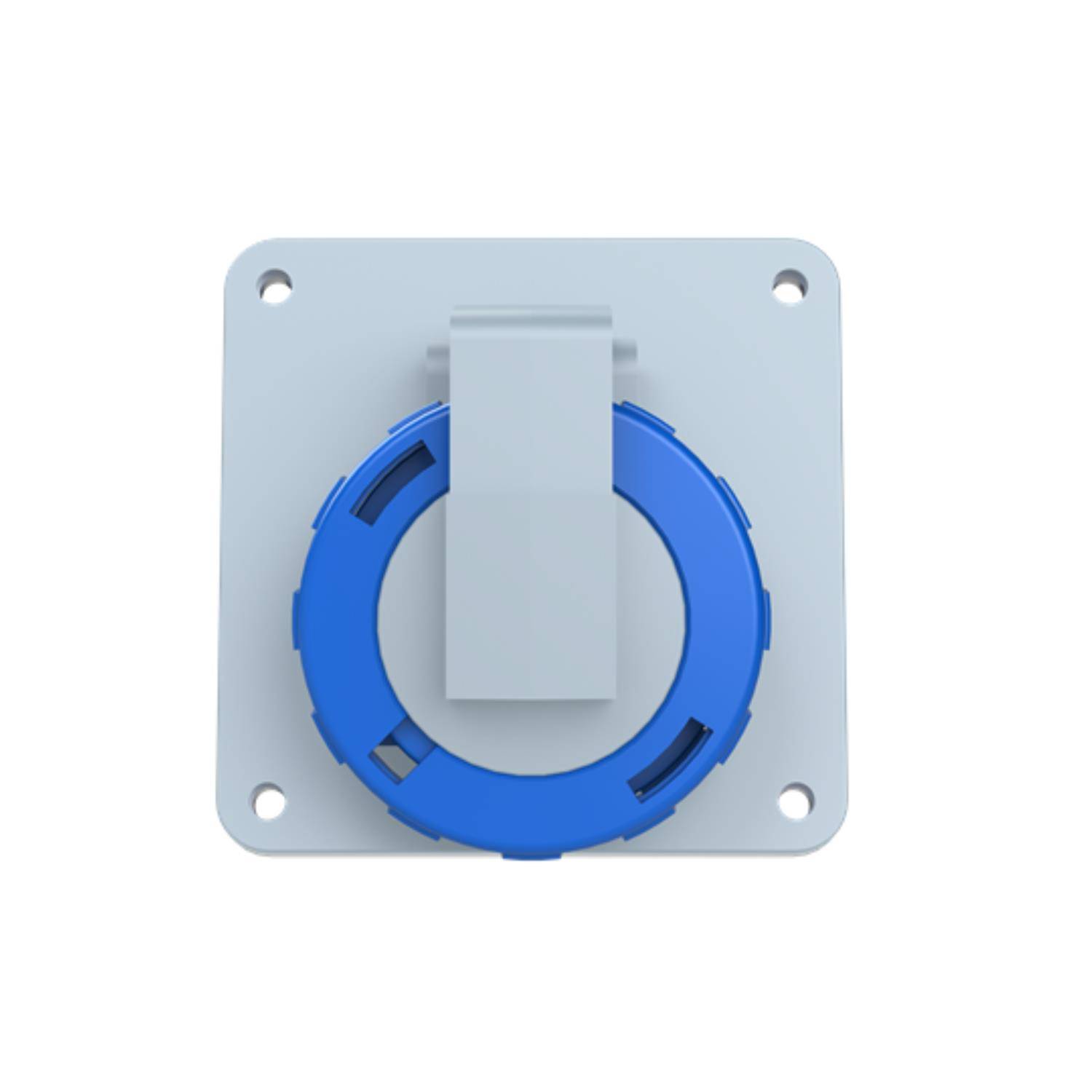 Eine quadratische, graue Wandplatte mit einer auffälligen blauen kreisförmigen Steckdose und einem grauen Klappdeckel, die für elektrische Anschlüsse im Innenbereich verwendet wird.