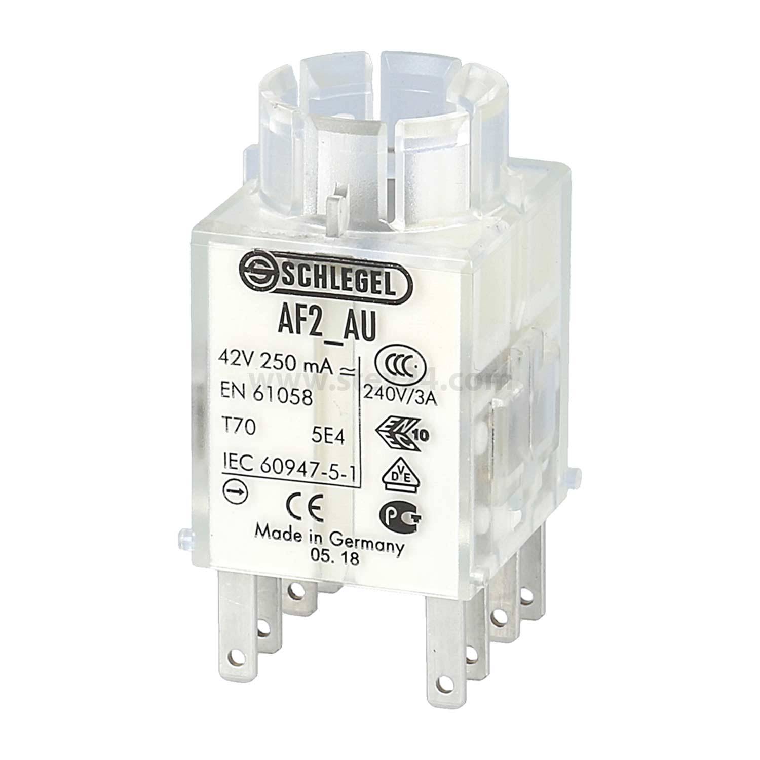Schlegel AF2_AU Relais' gekennzeichnet mit Spezifikationen einschließlich '42V 250 mA', 'EN 61058', und 'Made in Germany 05.18'.