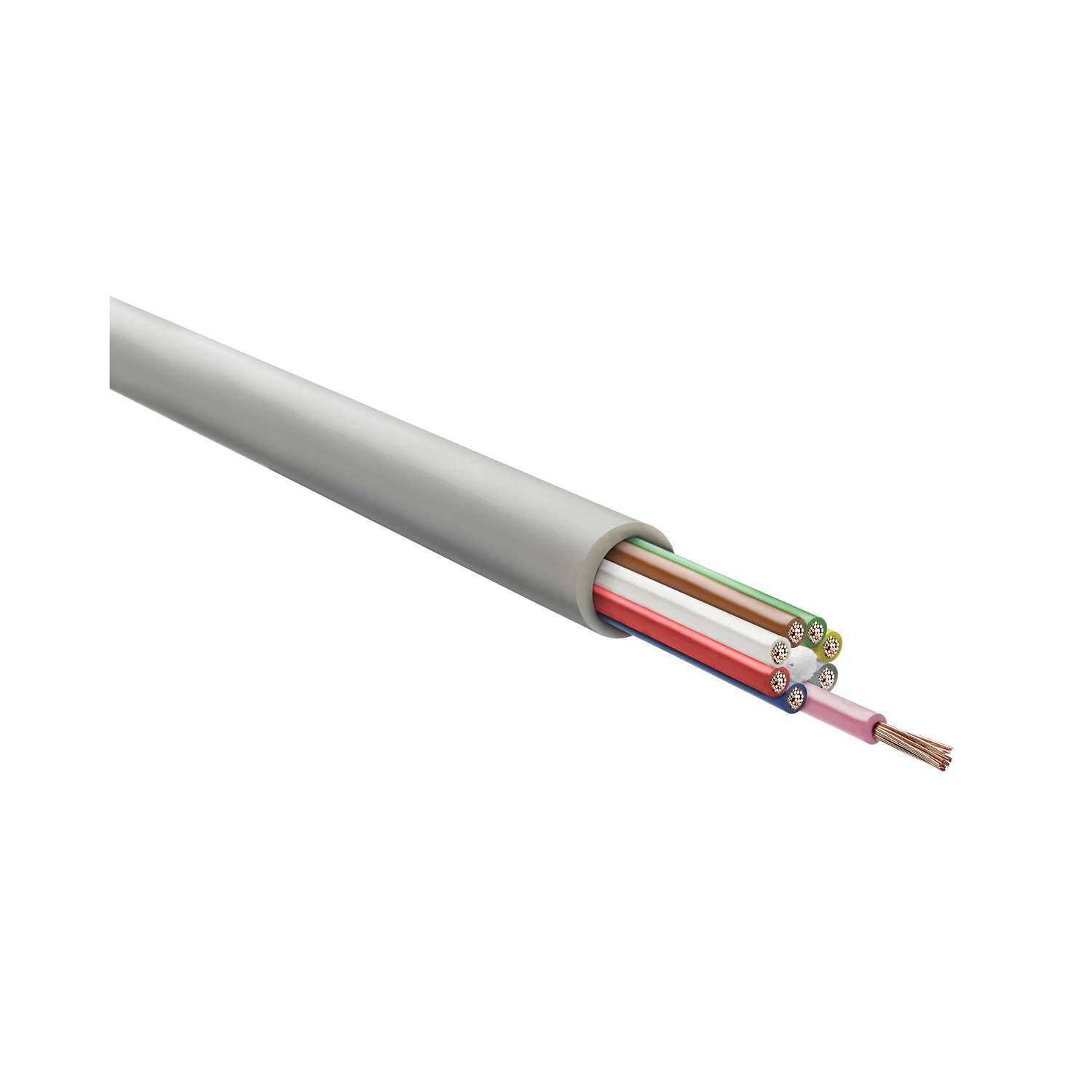 „Ein graues Kabel mit fünf freiliegenden farbigen Drähten: orange, grün, blau, weiß und rosa, mit Kupferspitzen, erstreckt sich von einem Ende.