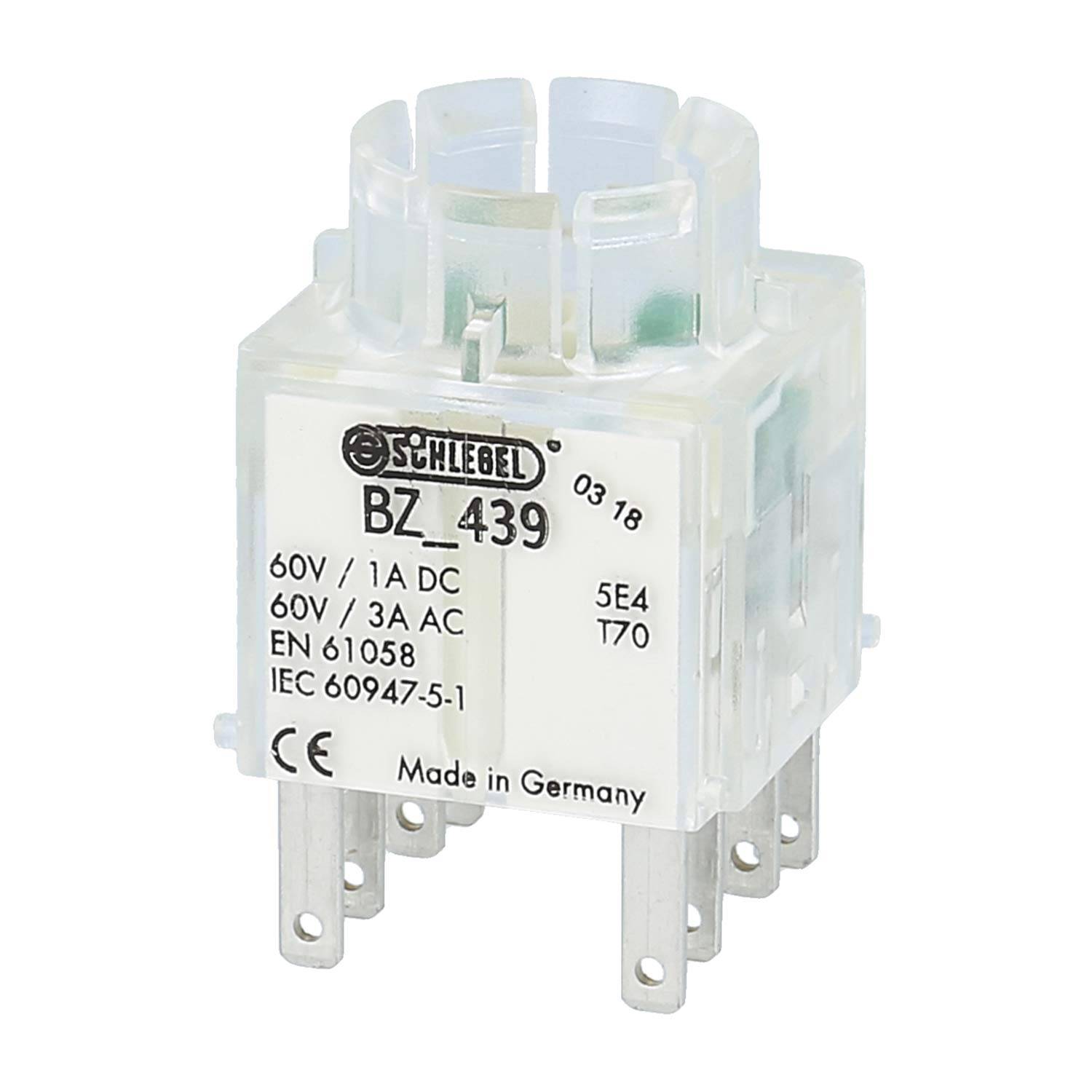BZ_439 Relaisbaustein, 60V/1A Gleichstrom, 60V/3A Wechselstrom, EN 61058, IEC 60947-5-1, Made in Germany, transparentes Gehäuse mit Metallstiften.