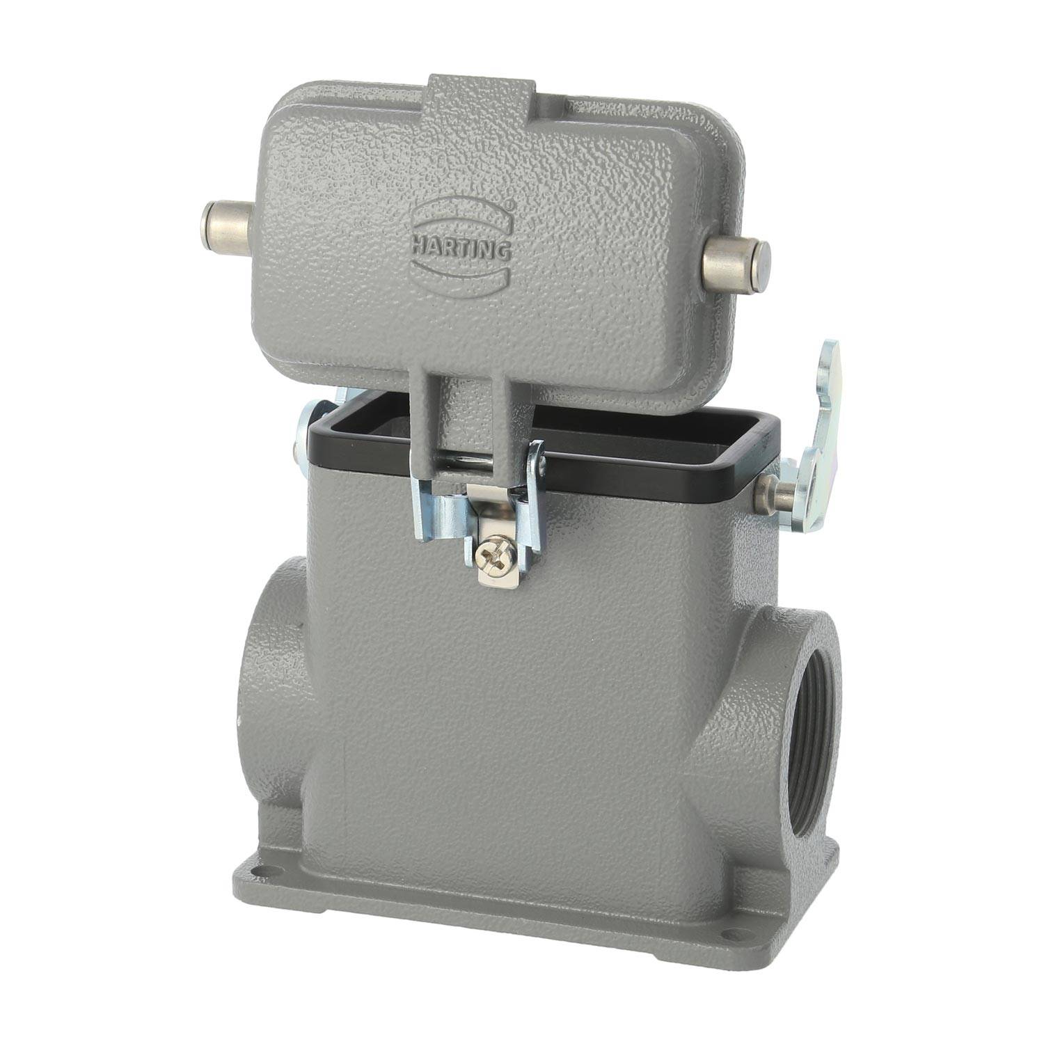 04300102266 HARTING Han 10B Sockelgehäuse hoch, 2xM40 seitlicher Kabelabgang, mit 1 Längsbügel mit Schutzkappe Metall -
