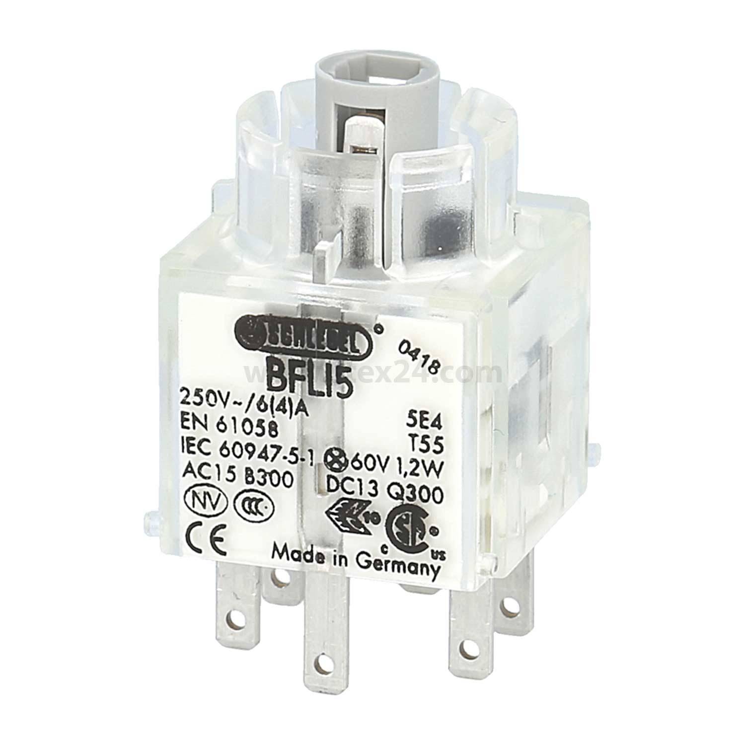 Ein klares Relais mit der Aufschrift 'BFI15', das für elektrische Anwendungen konzipiert ist. Es unterstützt 250V, 6(4)A, AC15, hergestellt in Deutschland.