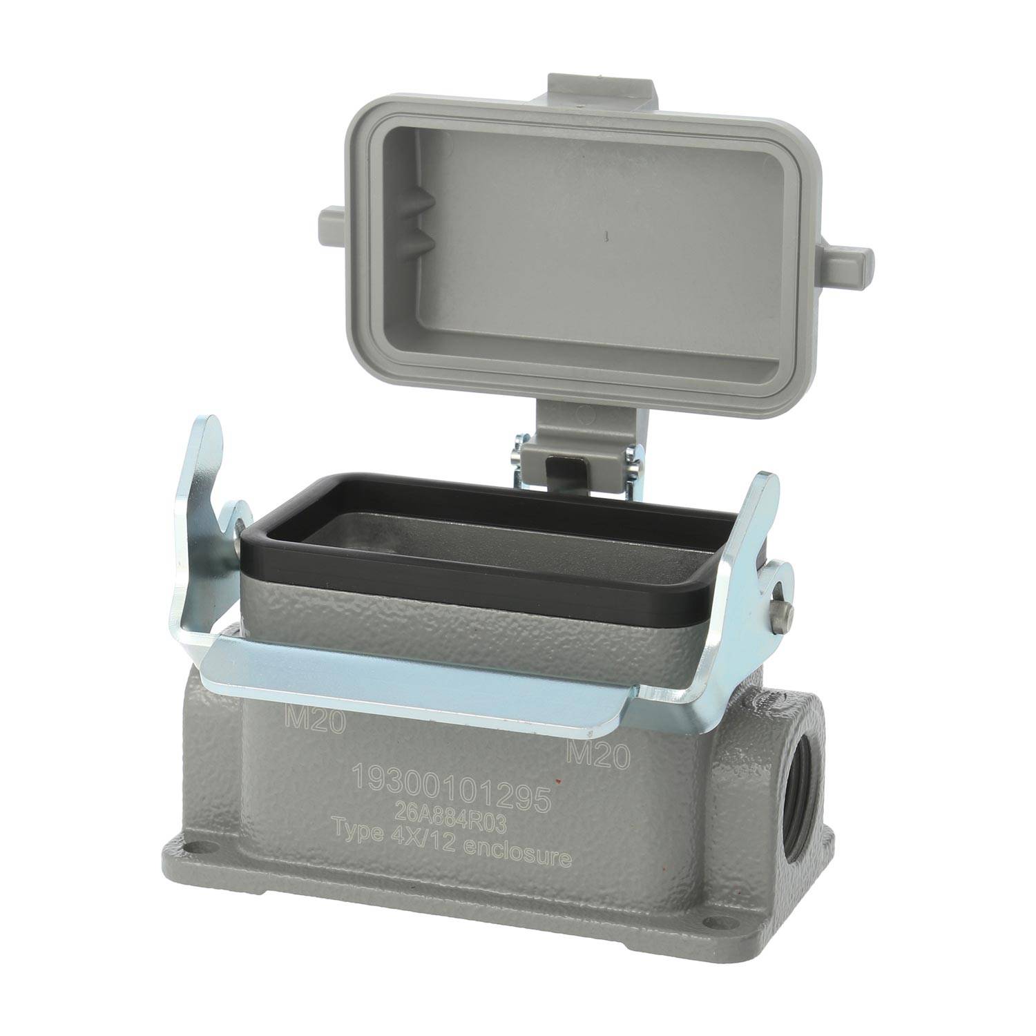 04300101295 HARTING Han 10B Sockelgehäuse niedrig, 2xM20 seitlicher Kabelabgang, mit 1 Längsbügel mit Schutzkappe