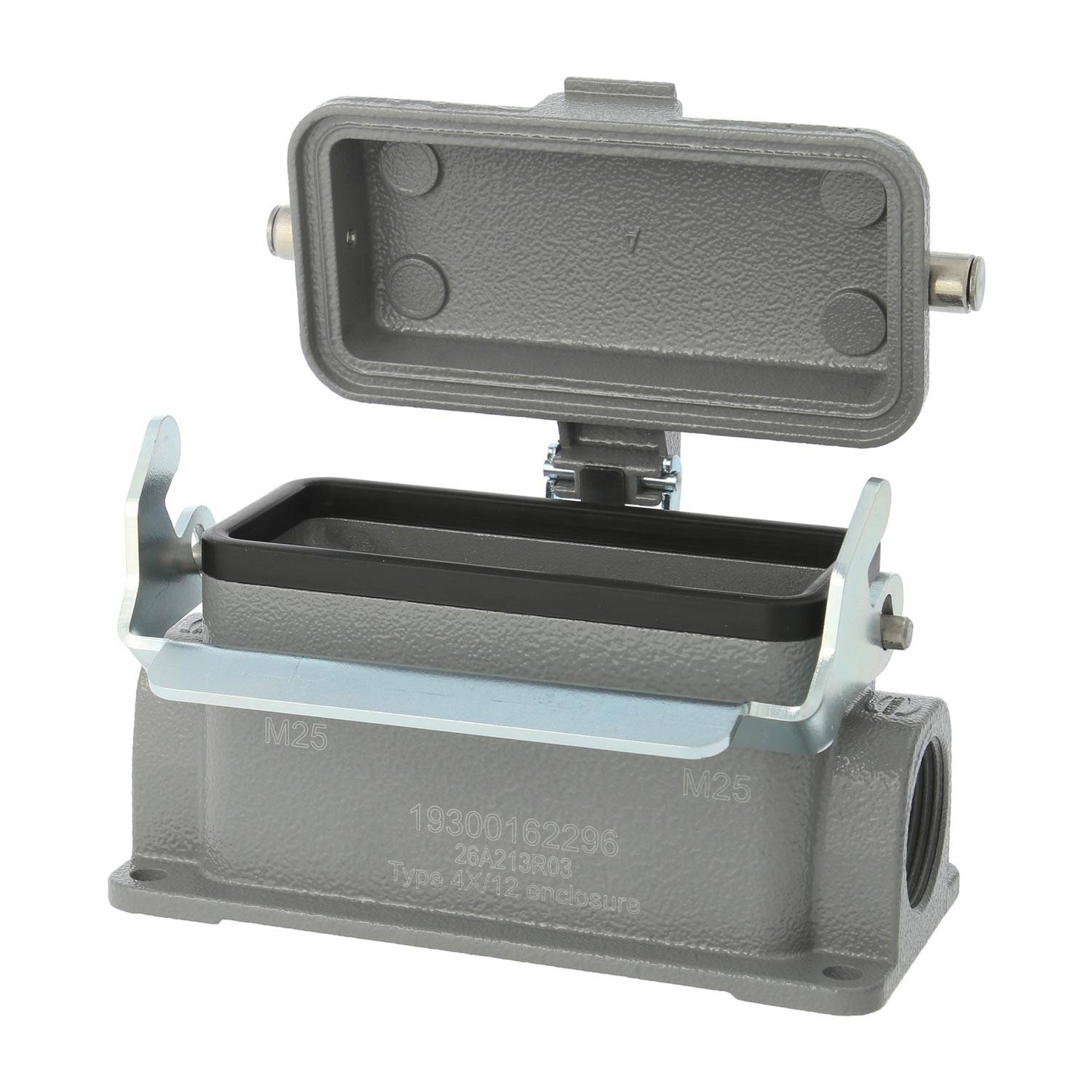 04300162296 HARTING Han 16B Sockelgehäuse niedrig, 2xM25 seitlicher Kabelabgang, mit 1 Längsbügel mit Schutzkappe