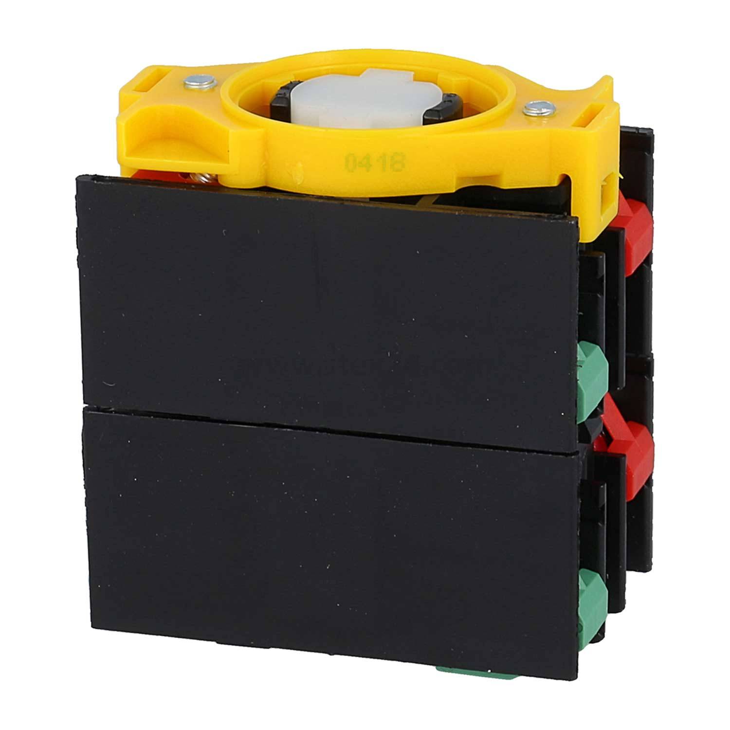 Ein schwarzer und gelber elektrischer Schalter mit zwei Ebenen, der mehrere farbige Tasten zur Steuerung von Stromkreisen präsentiert.
