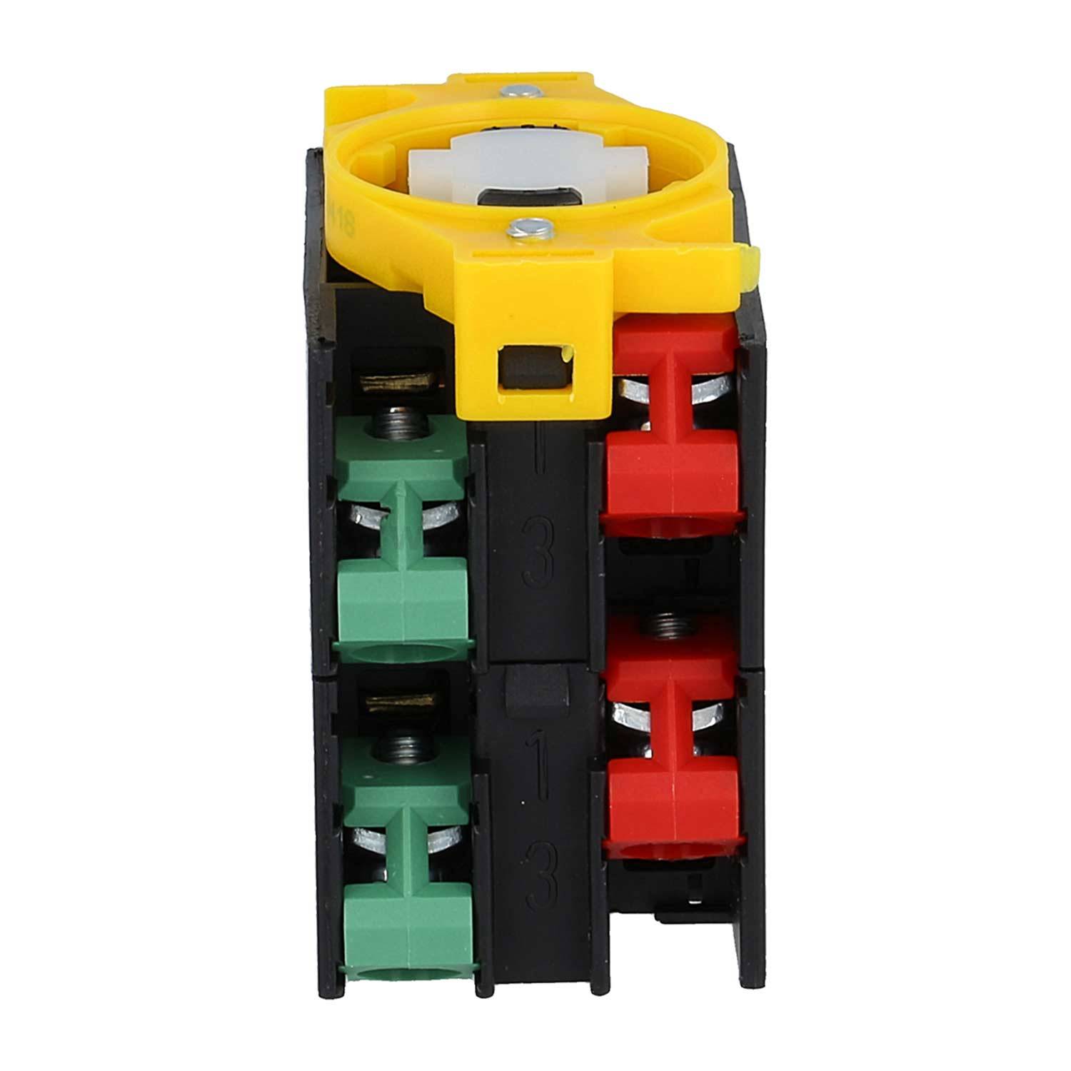 Industrieller Elektroschalterblock mit einem gelben Betätigungselement an der Oberseite, ausgestattet mit vertikal angeordneten roten, grünen und schwarzen Anschlüssen.
