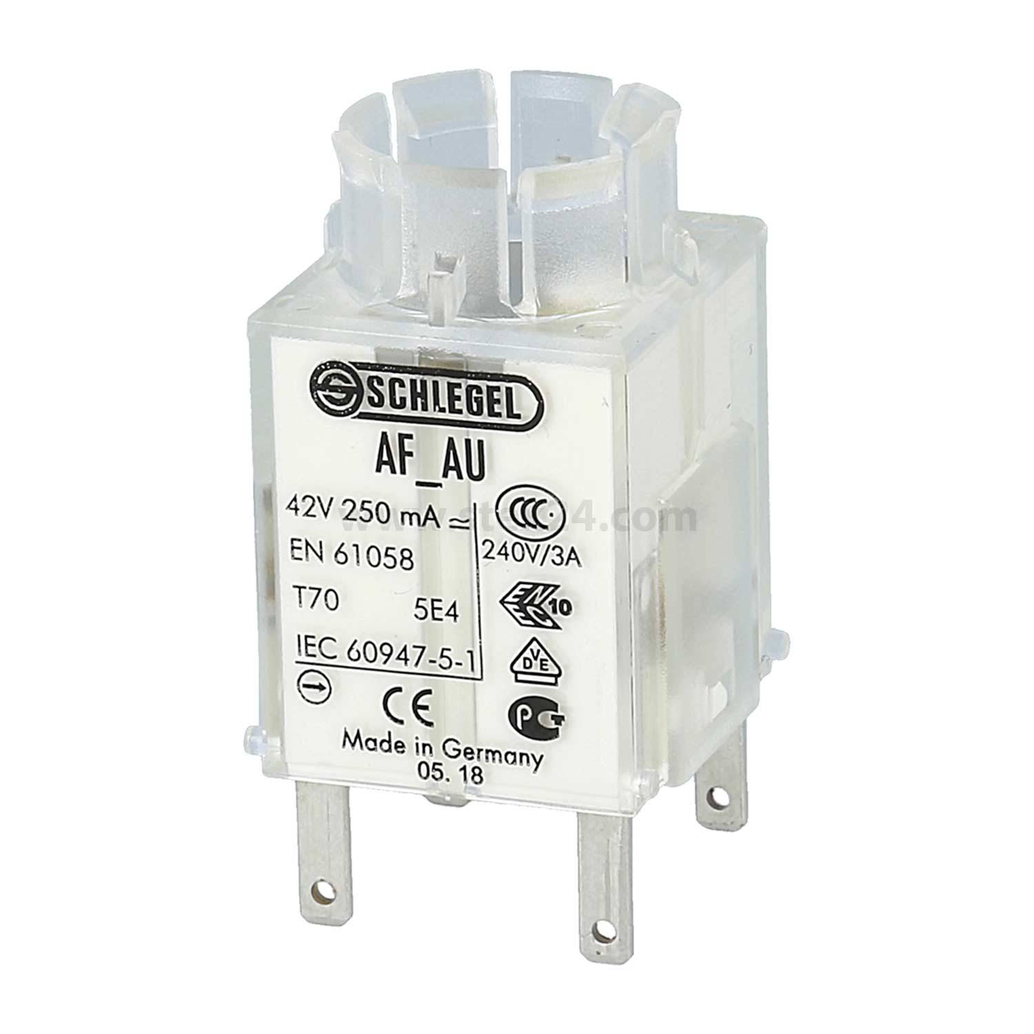 Ein Schlegel AF_AU elektrischer Komponente mit Spezifikationen: 42V 250mA, EN 61058, T70, 5E4, 240V/3A, IEC 60947-5-1, hergestellt in Deutschland.