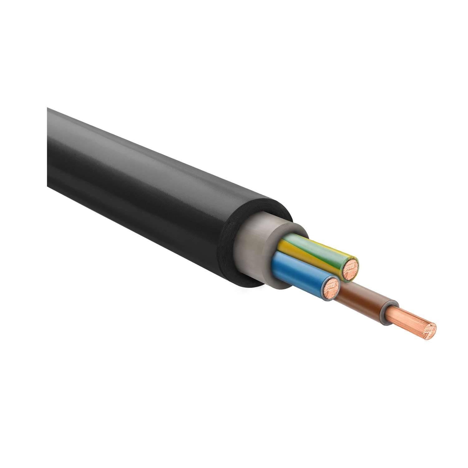 Dreiadriges Elektrokabel mit freiliegenden Kupferdrähten; schwarze Außenisolierung bedeckt einzelne farbcodierte Drahtummantelungen.