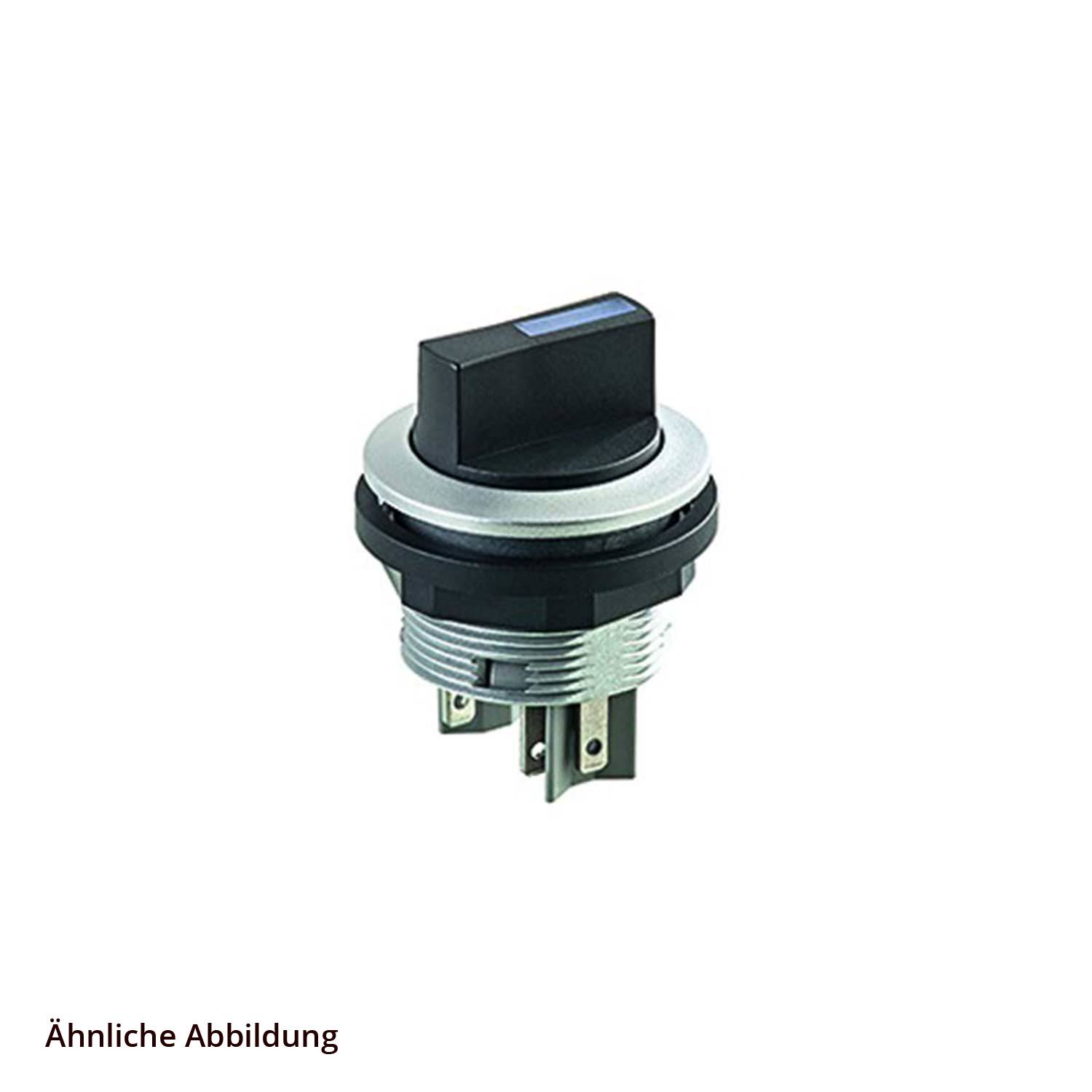 Ein schwarzer Rotationsschalter mit silberner Metallfassung und mehreren Anschlussbolzen, der in elektrischen Schaltkreisen verwendet wird, dargestellt auf weißem Hintergrund.