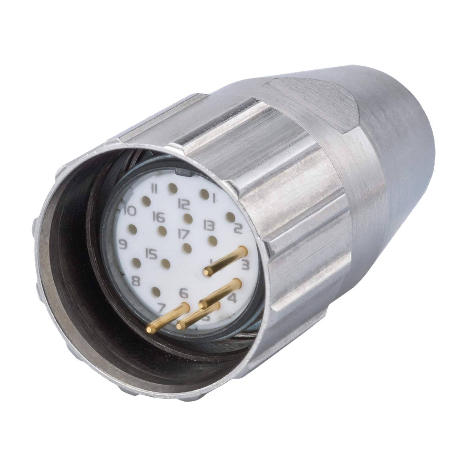 Ein silberner zylindrischer Anschluss mit nummerierten Stiften, verwendet für elektrische oder elektronische Verbindungen, vor einem weißen Hintergrund.