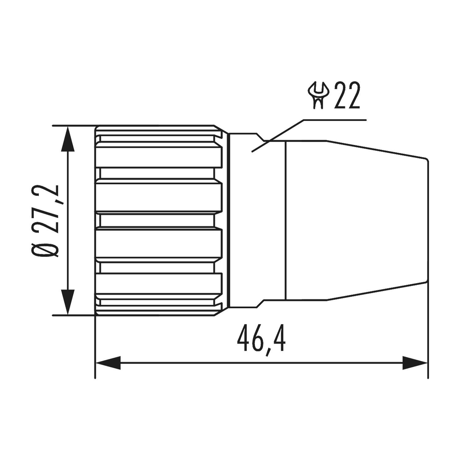Technische Zeichnung eines mechanischen Bauteils mit Maßen: Durchmesser 27,2, Länge 46,4, mit einer Schlüsselweite von 22.