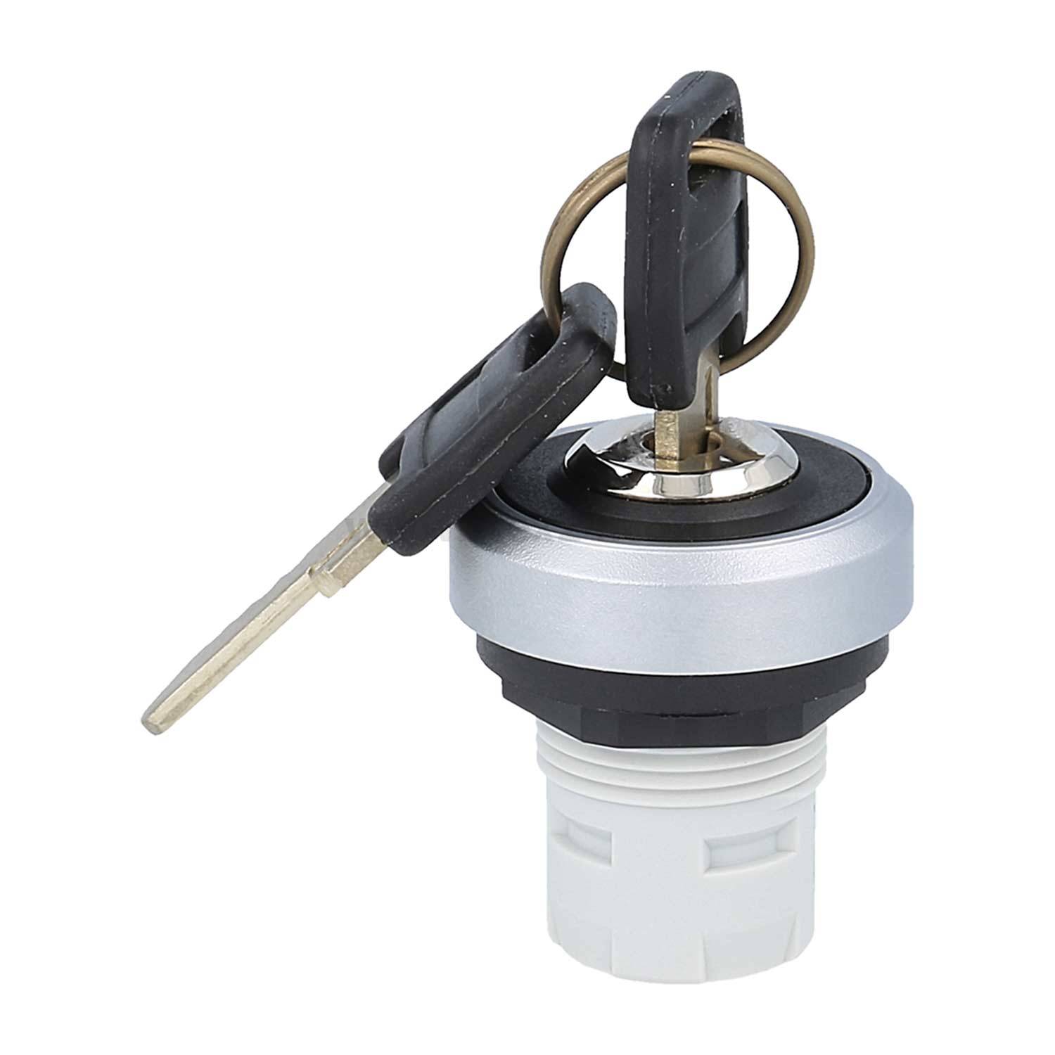 Eine Nahaufnahme eines Metallzündschalters mit zwei eingesteckten Schlüsseln vor einem weißen Hintergrund, die das Design und die Funktionalität des Schalters zeigt.