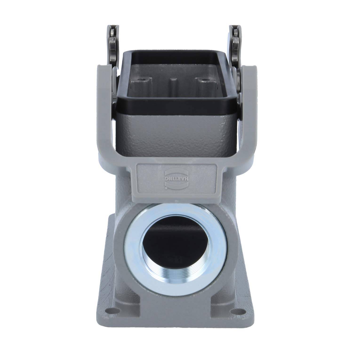 Industrielle Steckergehäuse mit grauer Metalloberfläche, ausgestattet mit einem kreisförmigen Anschluss an der Basis und einer offenen rechteckigen Oberseite für sichere Verbindungen.