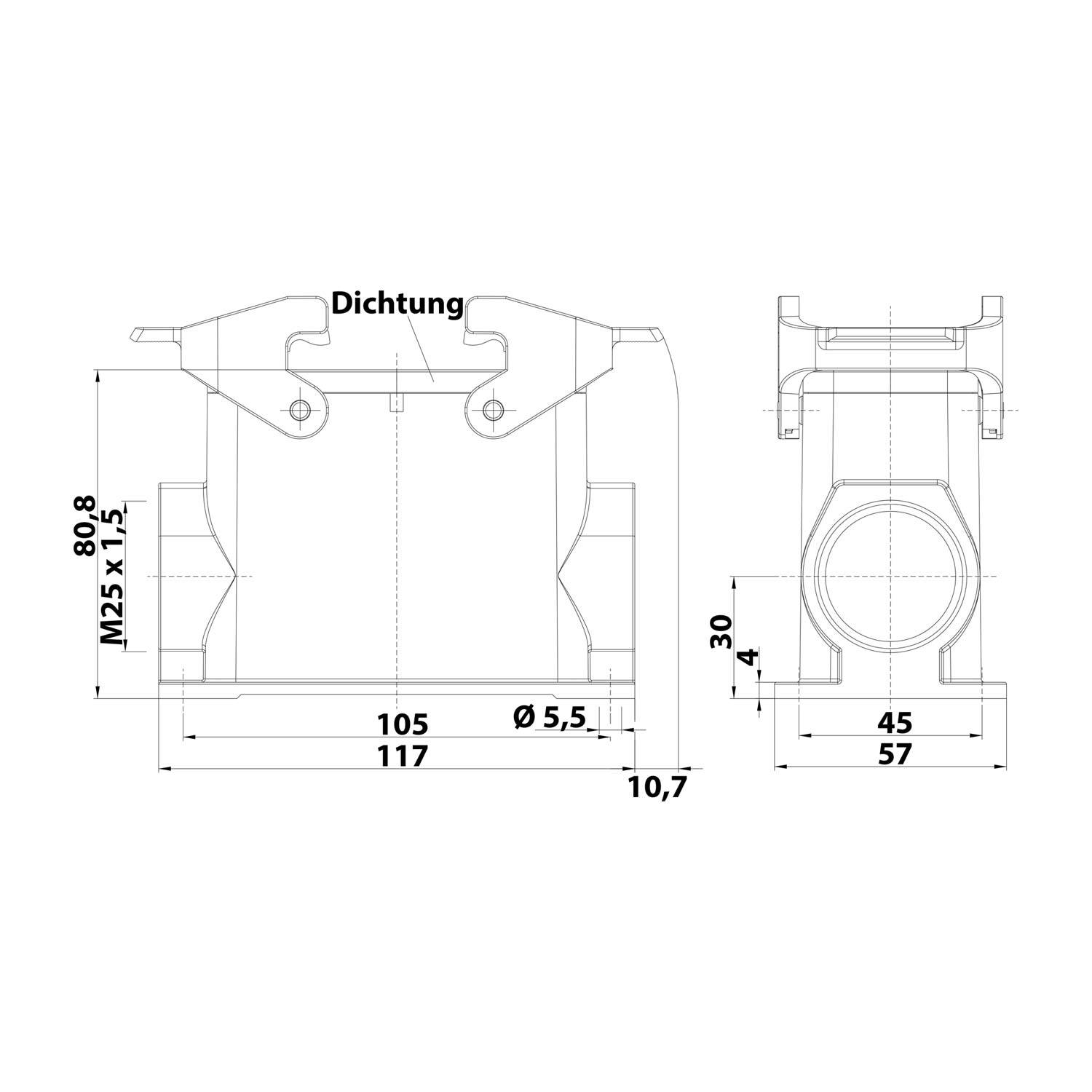 Technische Zeichnung einer Komponente mit Abmessungen. Vorder- und Seitenansicht zeigen Details wie eine Dichtung und verschiedene Maßangaben.