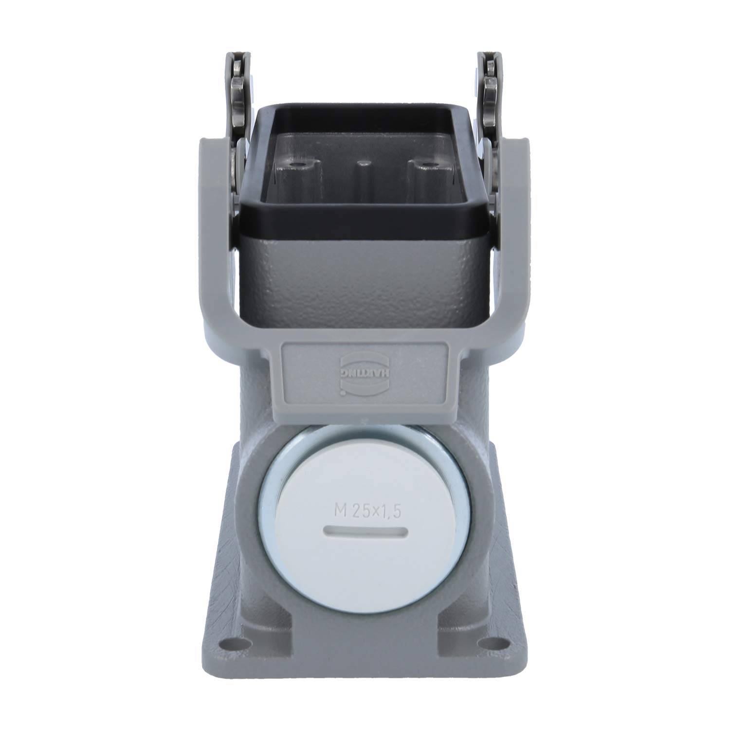 Grauer industrieller Verbindersockel mit einem kreisförmigen weißen Verschluss, ausgestattet mit der Marke 'Weidmüller' und der Markierung 'M25x1.5'.