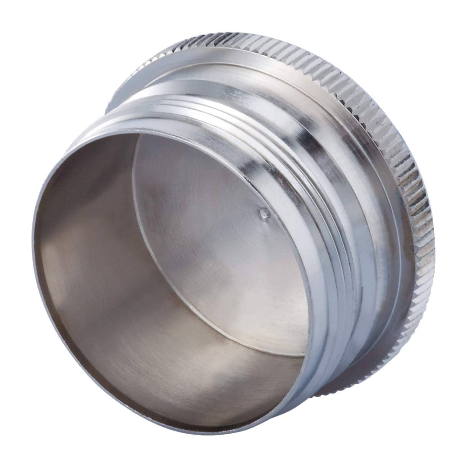 Eine Nahaufnahme einer zylindrischen, glänzenden Metallkupplung oder eines Verbindungsstücks mit Gewinderillen.