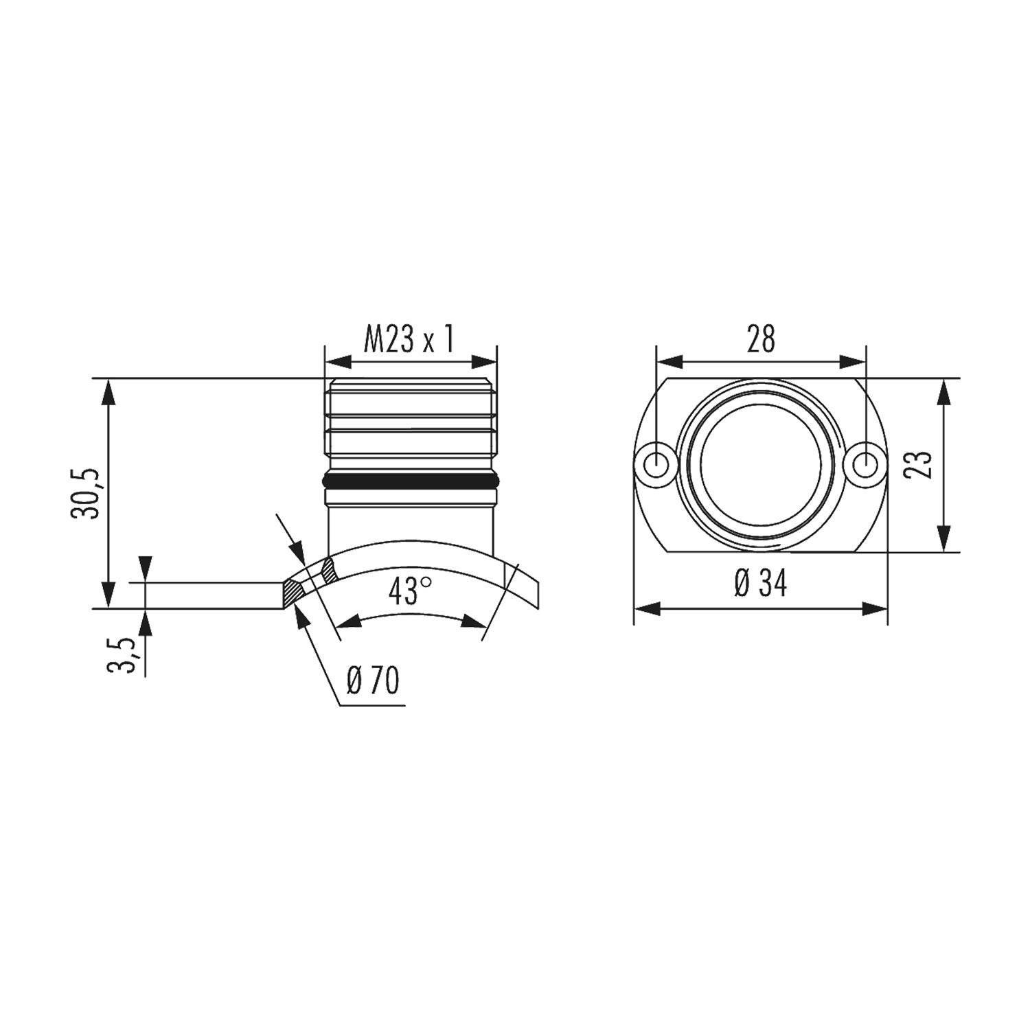 Technische Zeichnung einer zylindrischen Komponente. Draufsicht zeigt Durchmesser von 34 mm und Höhe von 30,5 mm mit M23 x 1 Gewinde.