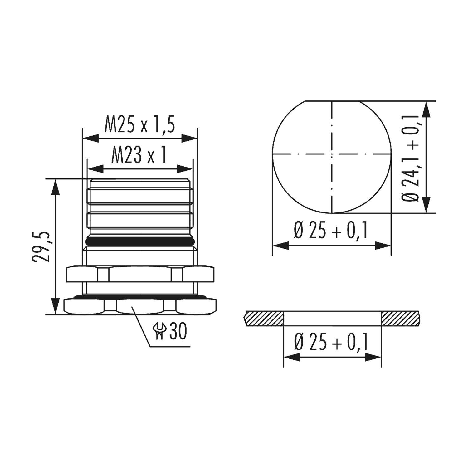 Technische Zeichnung einer kreisförmigen Komponente. Draufsicht zeigt Gewinde M25x1,5, M23x1. Seitenansicht gibt Durchmesser 25±0,1, Höhe 29,5 an.