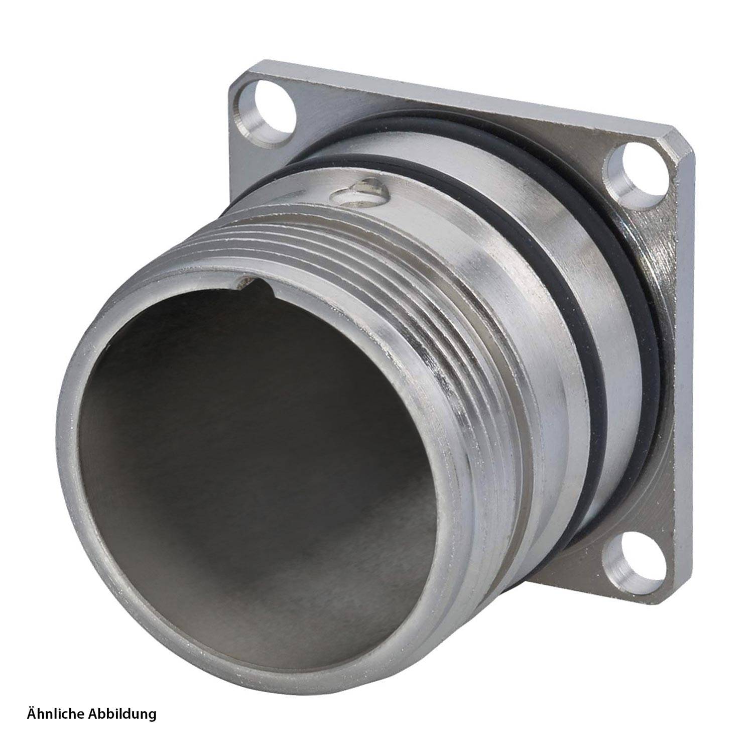 Das Bild zeigt einen metallischen Verbinder mit Gewinde und Befestigungslöchern, konzipiert für eine sichere Befestigung und geeignet für industrielle Anwendungen.