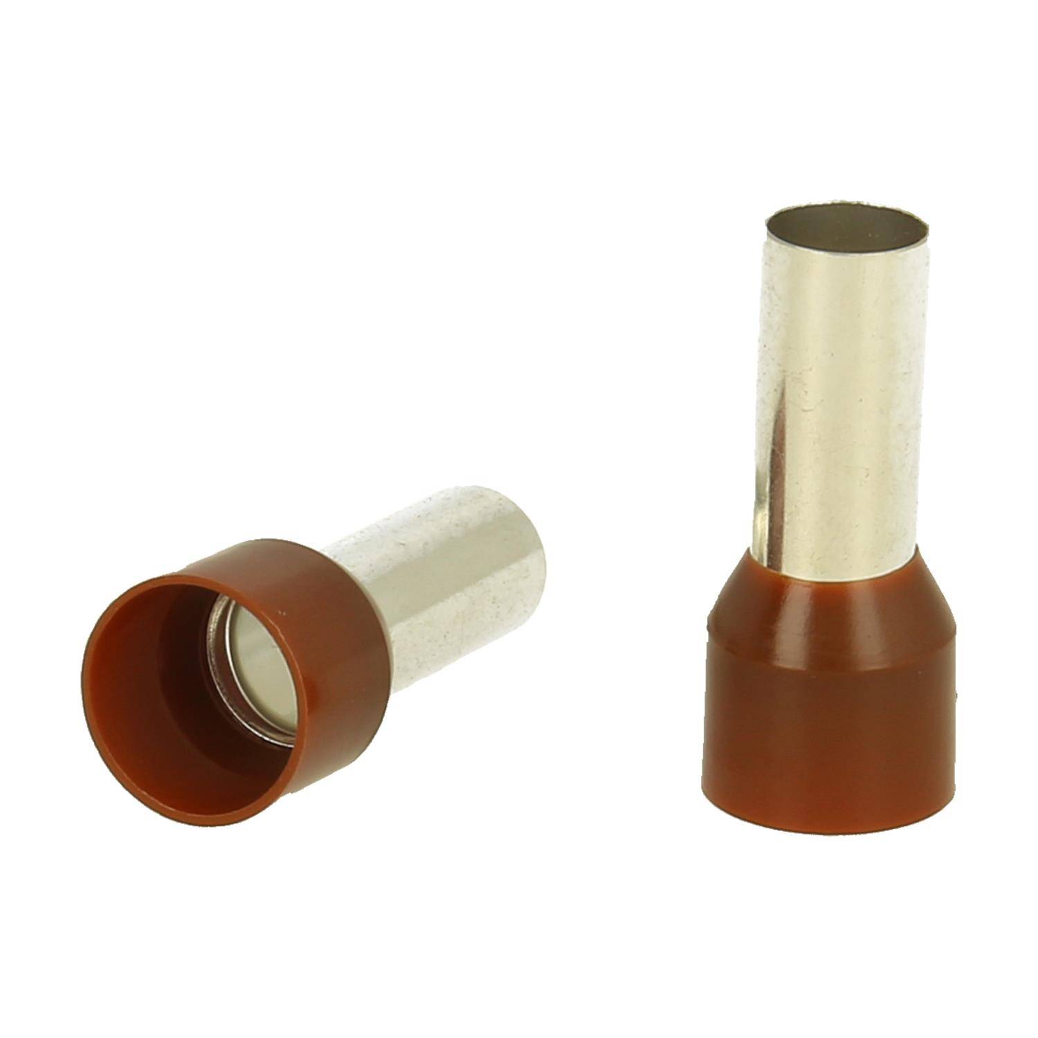 Zwei rote und silberne isolierte Aderendhülsen, eine aufrecht stehend und eine liegend, die für elektrische Leitungsverbindungen verwendet werden.