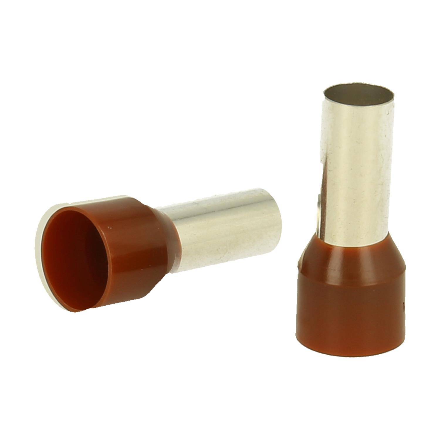 Zwei zylindrische Aderendhülsen mit braunen Kunststoffmanschetten und Metalleinden, die zum sicheren Verbinden von elektrischen Leitern verwendet werden.