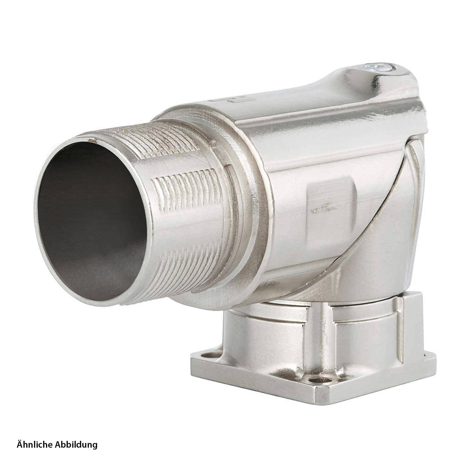 Ein Metallrohranschluss mit einer Rechtwinkelbiegung, ausgestattet mit einer glatten Außenoberfläche und einer quadratischen Befestigungsgrundplatte.