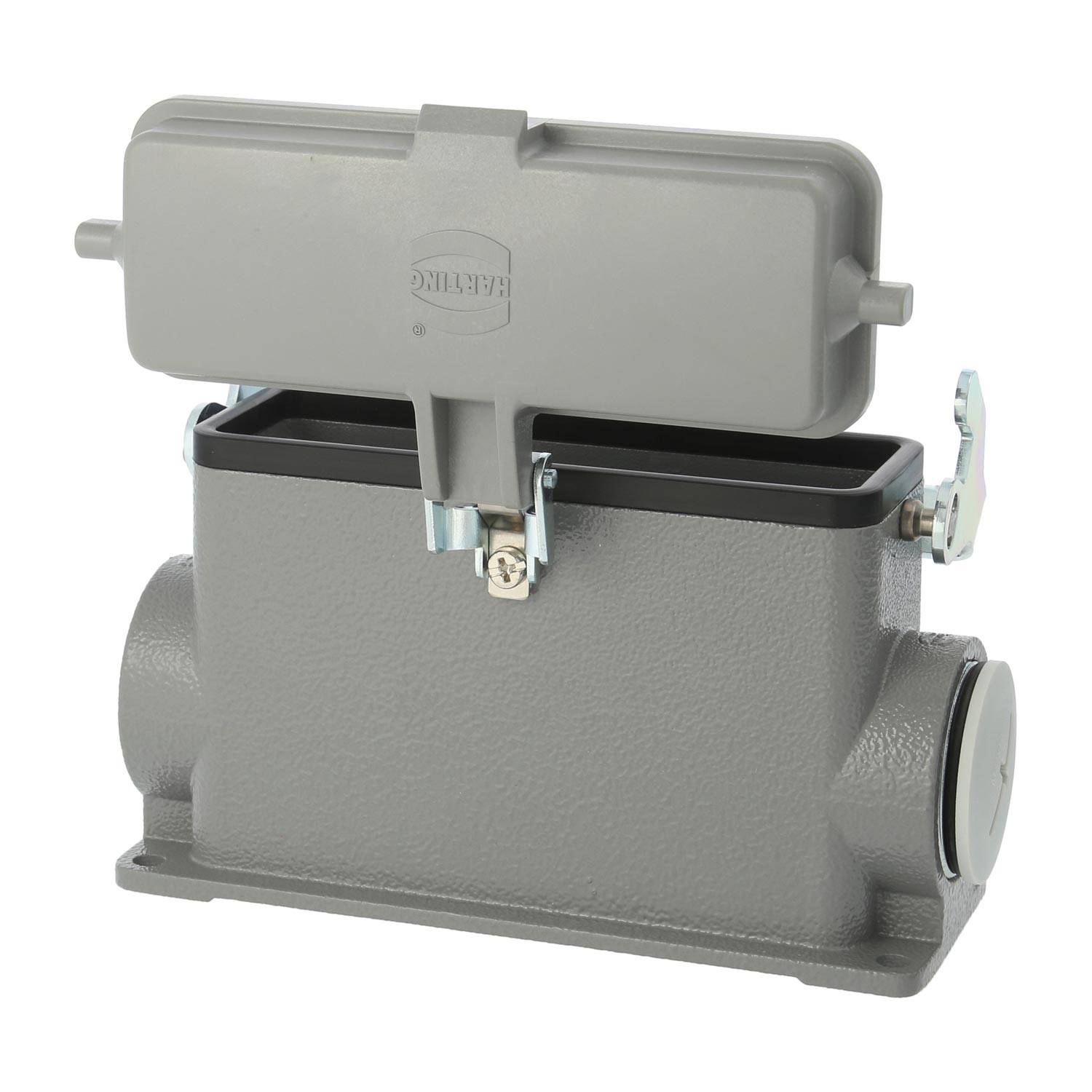 Ein grauer, rechteckiger industrieller Anschlussgehäuse mit offenem Deckel und seitlichen Verriegelungen, der einen leeren Innenraum für Kabelverbindungen zeigt.