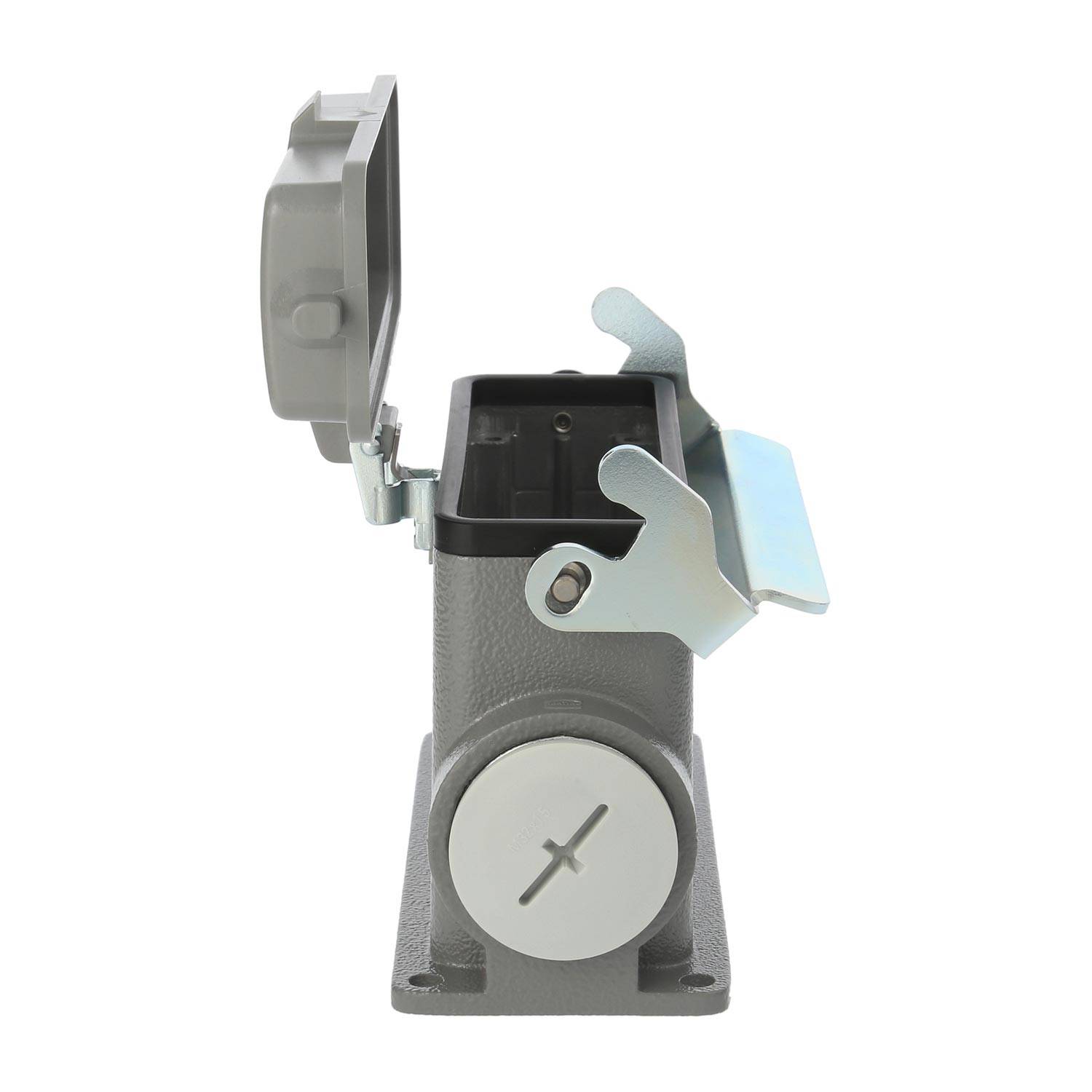 Elektrische Verteilerdose mit offenem Deckel, vertikal montiert, mit sichtbarem leerem Innenraum. Das Gehäuse ist grau und verfügt über einen runden seitlichen Drehknopf.