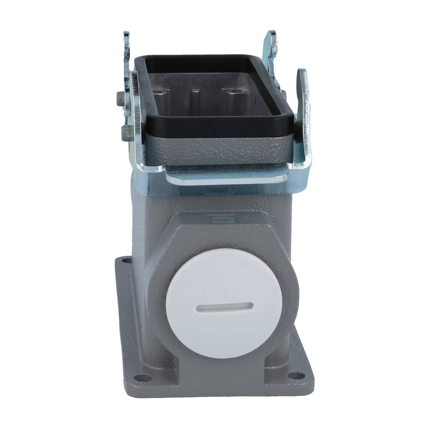 Rechteckiger elektrischer Verbindersteckdose in einem Metallgehäuse mit einer runden, flachen Abdeckung an der Vorderseite, konzipiert für industrielle Anwendungen.