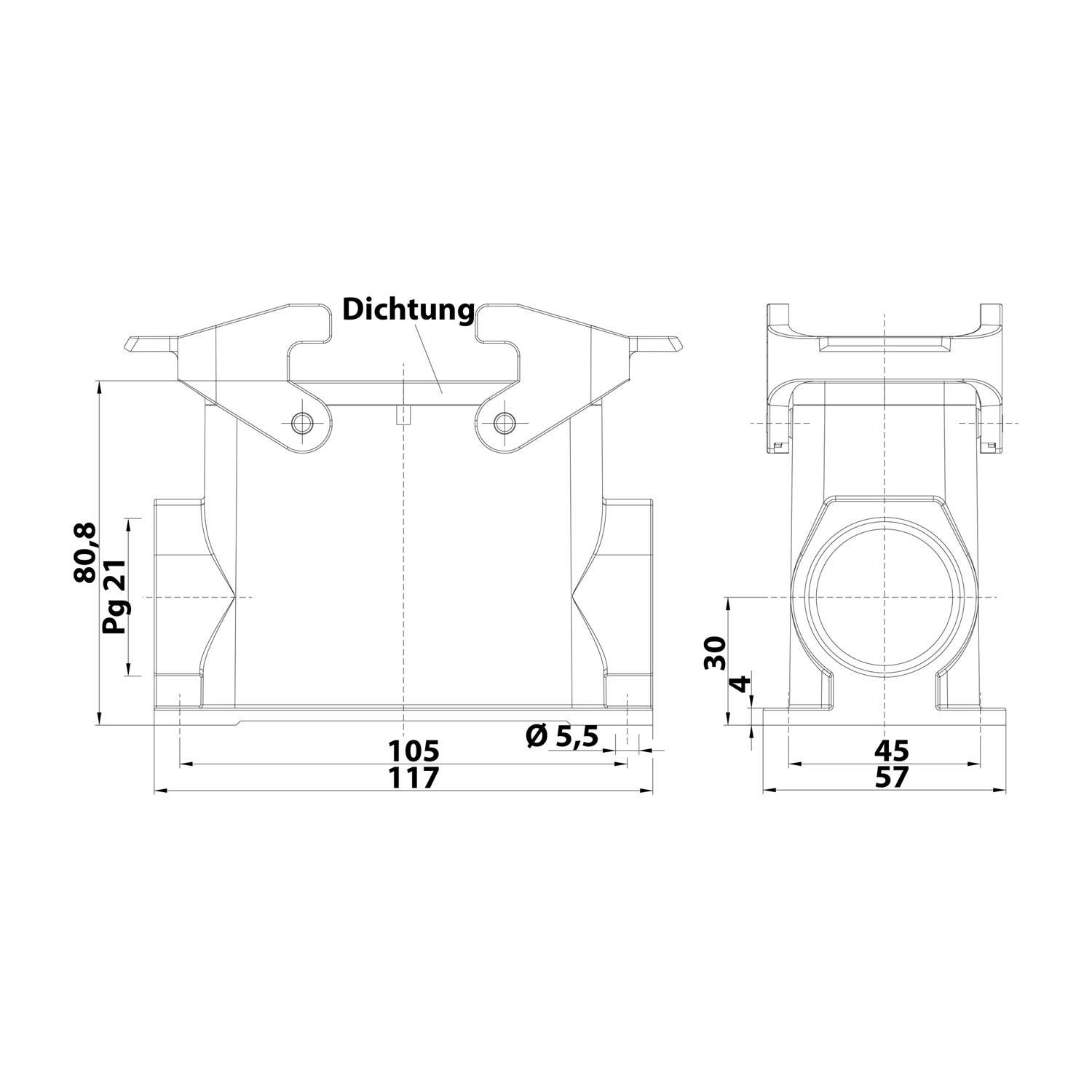 Technische Zeichnung einer mechanischen Komponente mit Abmessungen: 105 mm Breite, 117 mm Höhe, Ø5,5 mm Loch. Beschriftung: 'Dichtung.