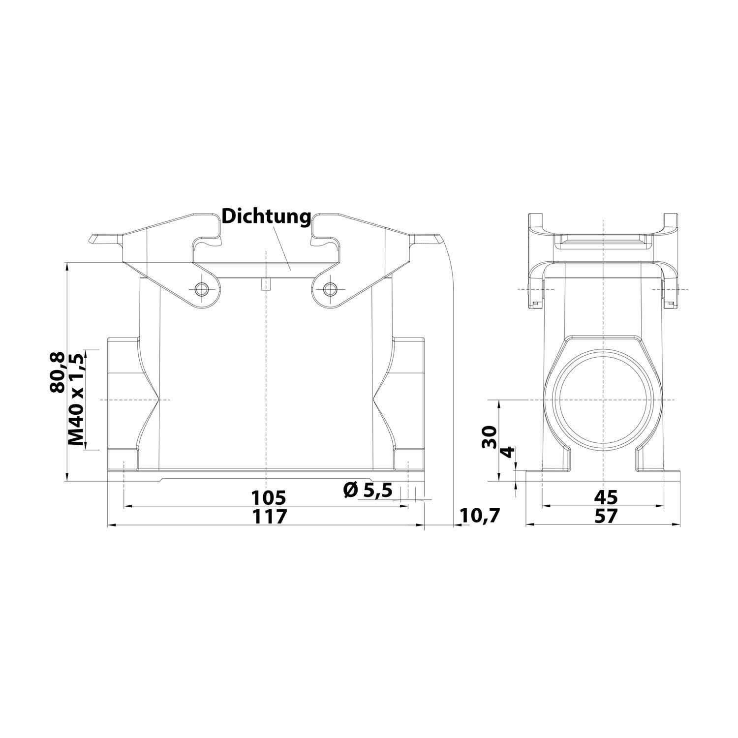 05300160280 HARTING Han 16B Sockelgehäuse hoch, 1xM40 seitlicher Kabelabgang, mit 2 Querbügeln Verschraubung M40