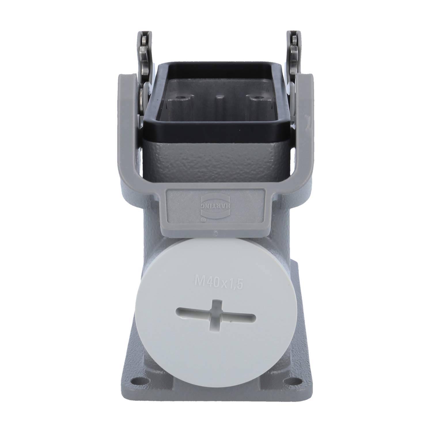 Eine graue rechteckige Steckdose mit einer kreisförmigen Abdeckung, die mit 