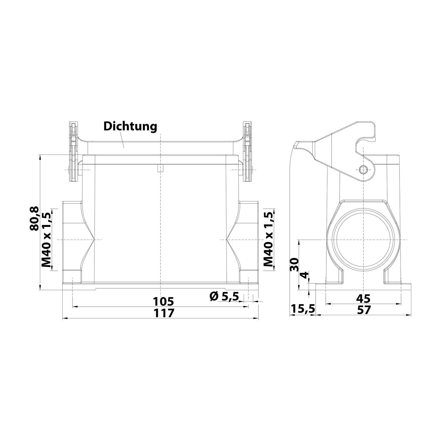 05300160277 HARTING Han 16B Sockelgehäuse hoch, 2xM40 seitlicher Kabelabgang, mit 1 Längsbügel Verschraubung M40
