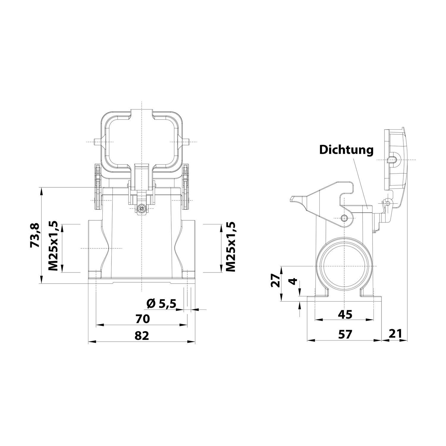 04300060265 HARTING Han 6B Sockelgehäuse hoch, 2xM25 seitlicher Kabelabgang, mit 1 Längsbügel mit Schutzkappe