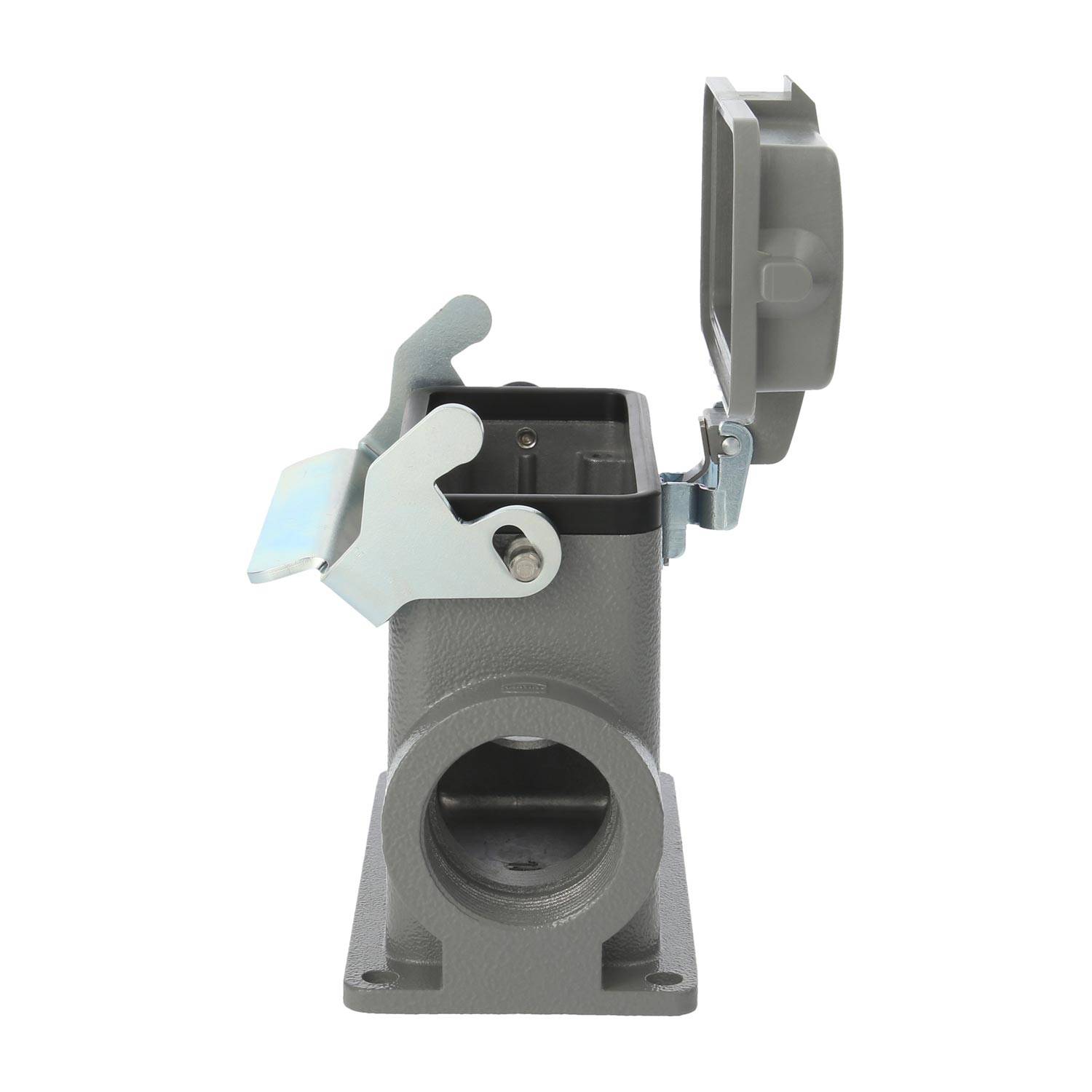 Grauer Metallverbinder mit quadratischer Basis und geöffneter, klappbarer Schutzabdeckung, die den Innenbereich freilegt. Für industrielle Anwendungen konzipiert.