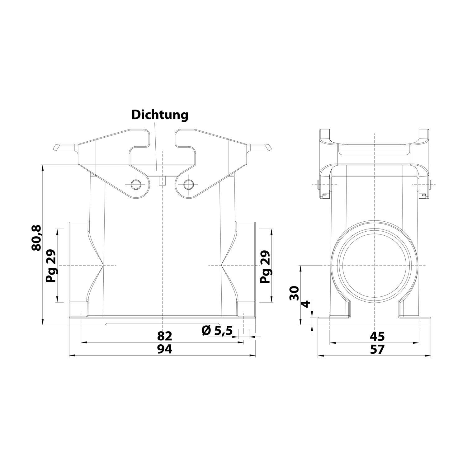 04300100273 HARTING Han 10B Sockelgehäuse hoch, 2xPG29 seitlicher Kabelabgang, mit 2 Querbügeln Verschraubung PG29