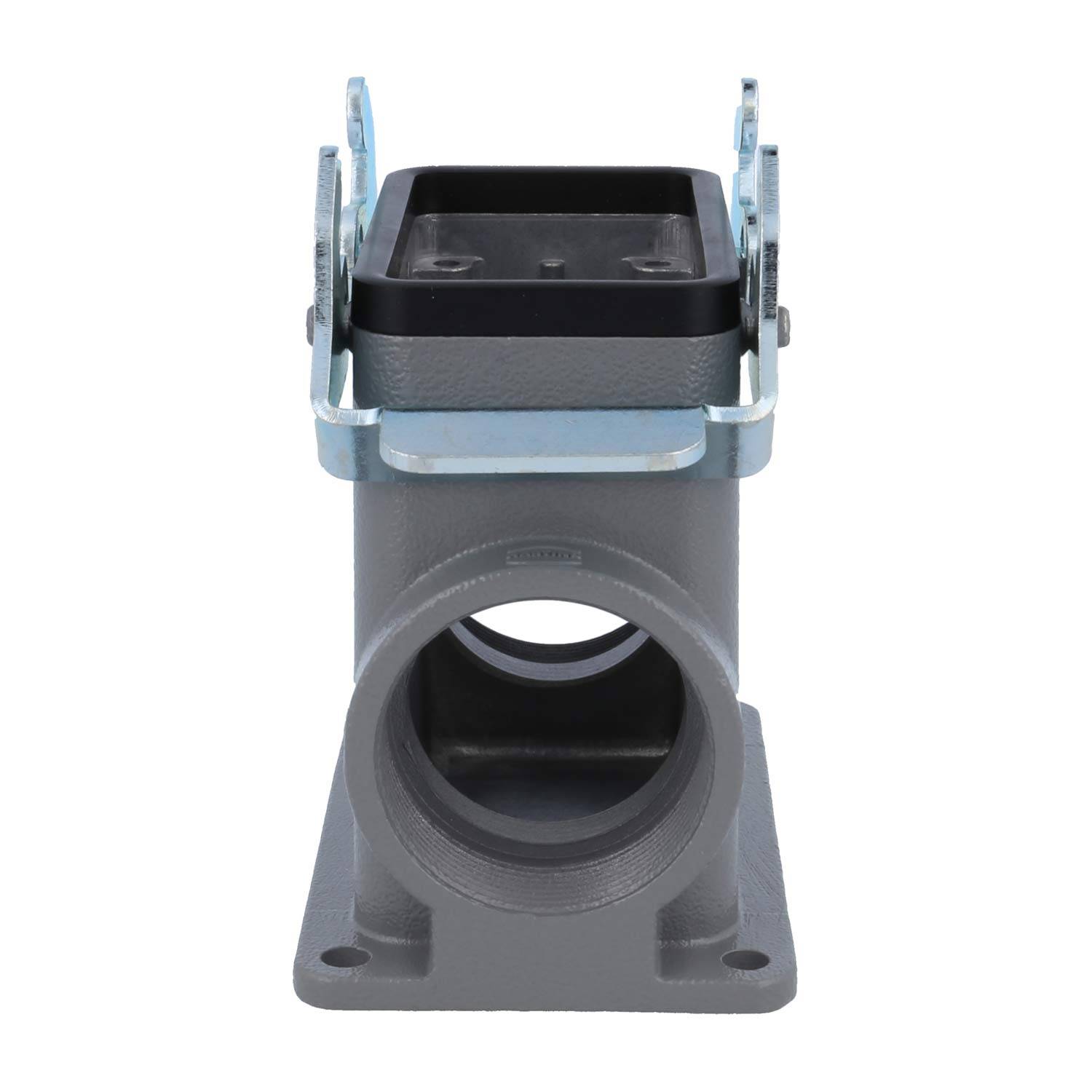 Ein Metallgehäuse für industrielle Anschlüsse mit einer rechteckigen Öffnung und Befestigungshalterung, entwickelt zum Sichern von elektrischen Komponenten.