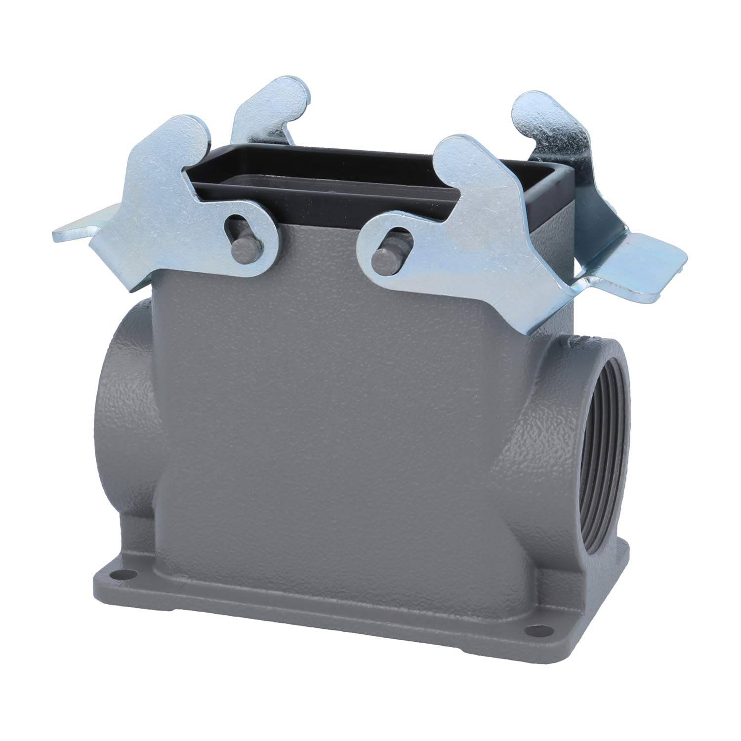 Ein graues industrielles Anschlussgehäuse mit Metallverriegelungshebeln an beiden Seiten, das Schraublöcher an der Basis zur sicheren Befestigung aufweist.