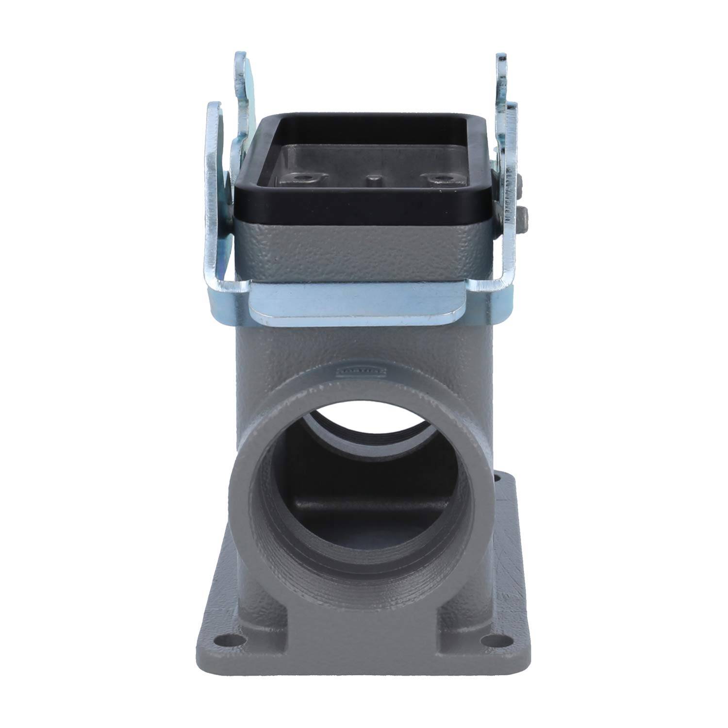 Ein rechteckiges Metallgehäuse für industrielle Anschlüsse mit einer kreisförmigen Öffnung für Kabeleintritt, montiert auf einer Basis mit seitlichen Verriegelungen.